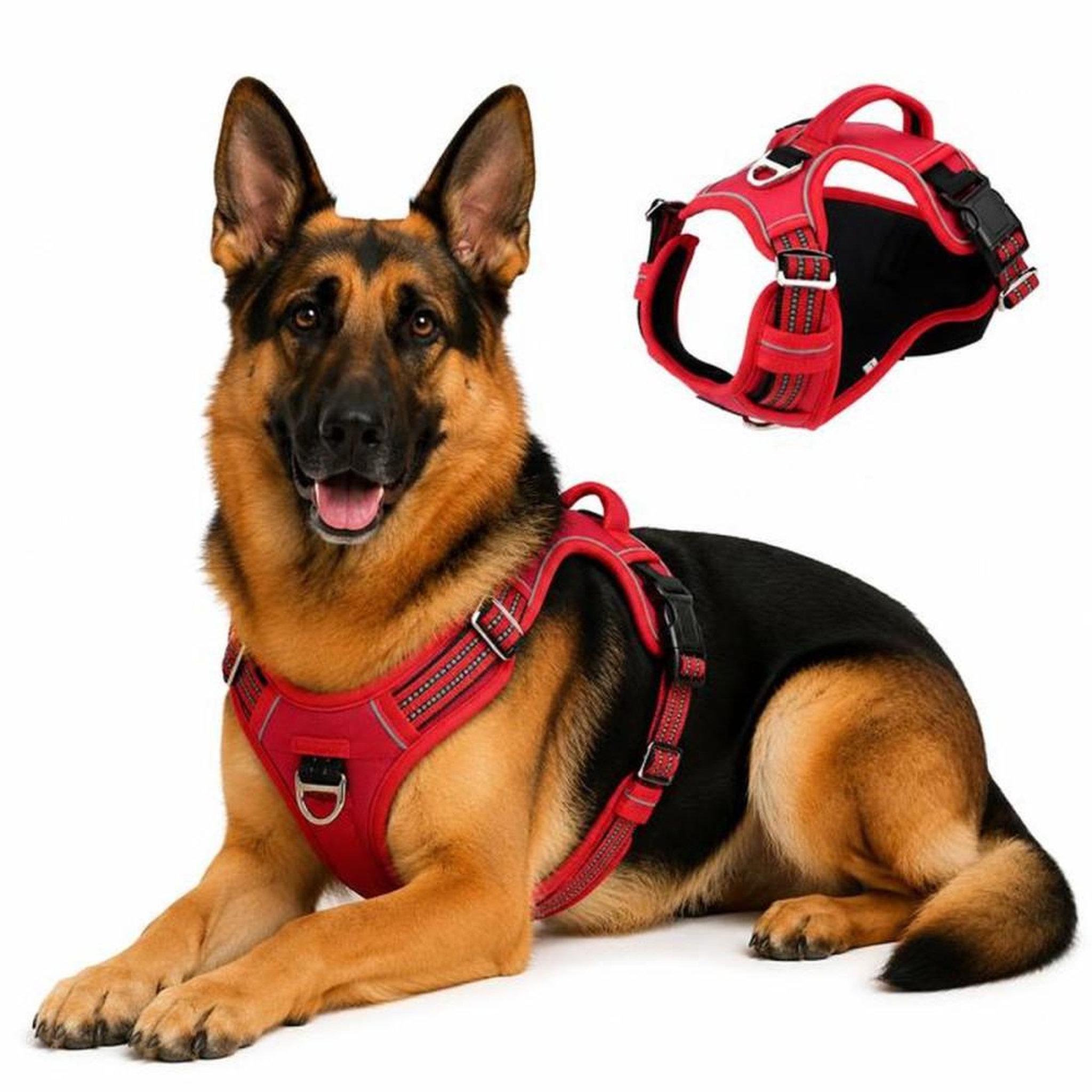 Harnais pour chien taille XL rouge anti-traction avec poignée de contrôle, éléments réfléchissants et anneaux d'attache avant/arrière