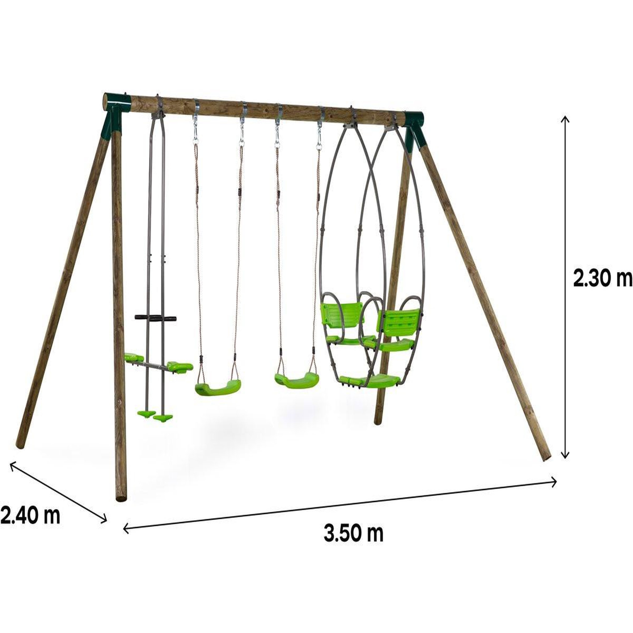 Voir la diapositive 4 : Habitat et Jardin Portique bois  Nelio  - Avec 2 balançoires , 1 vis-à-vis et 1 nacelle.