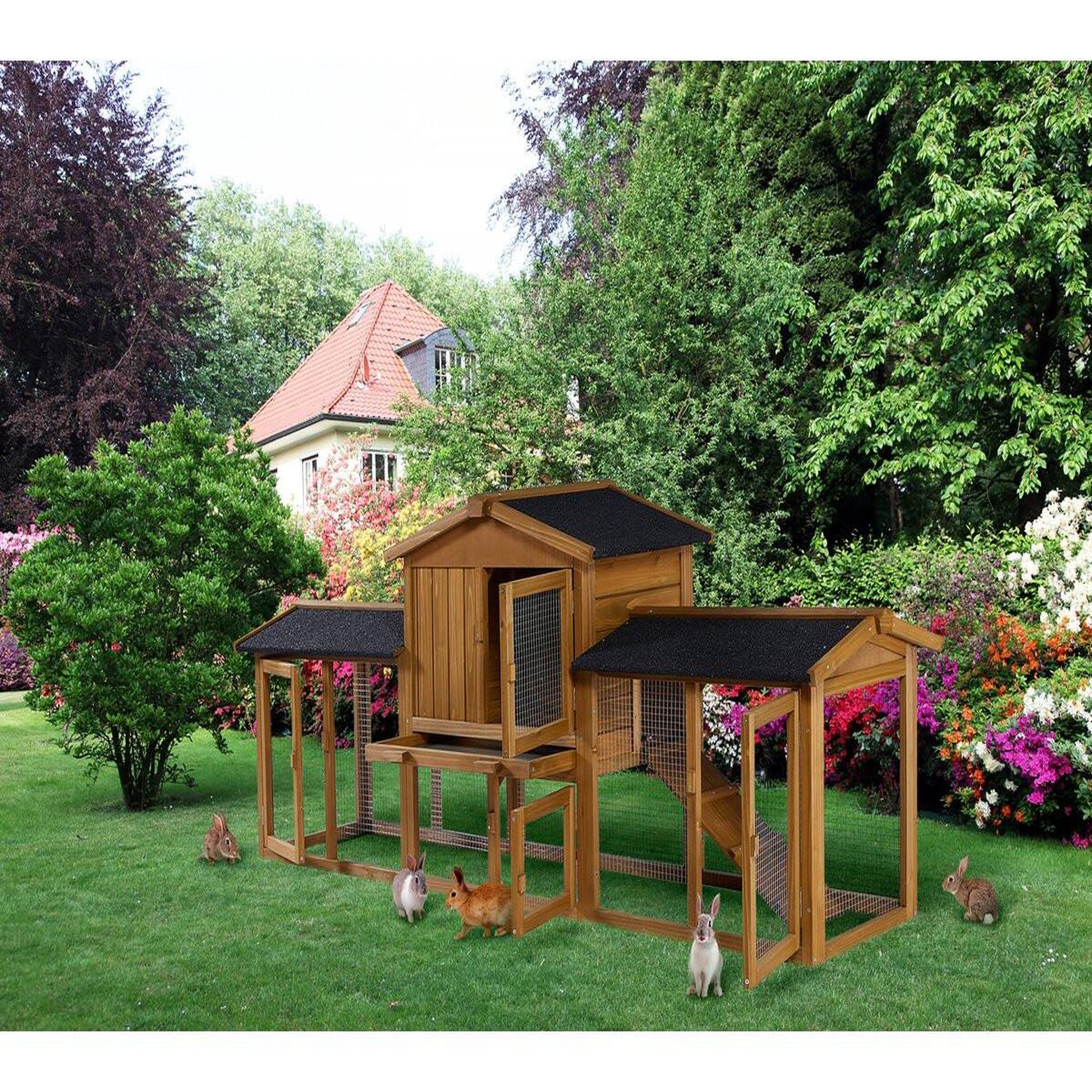 Voir la diapositive 2 : Habitat et Jardin Clapier pour lapin avec 1 étage en bois  Galina  - 224 x 53 x 84 cm - Marron