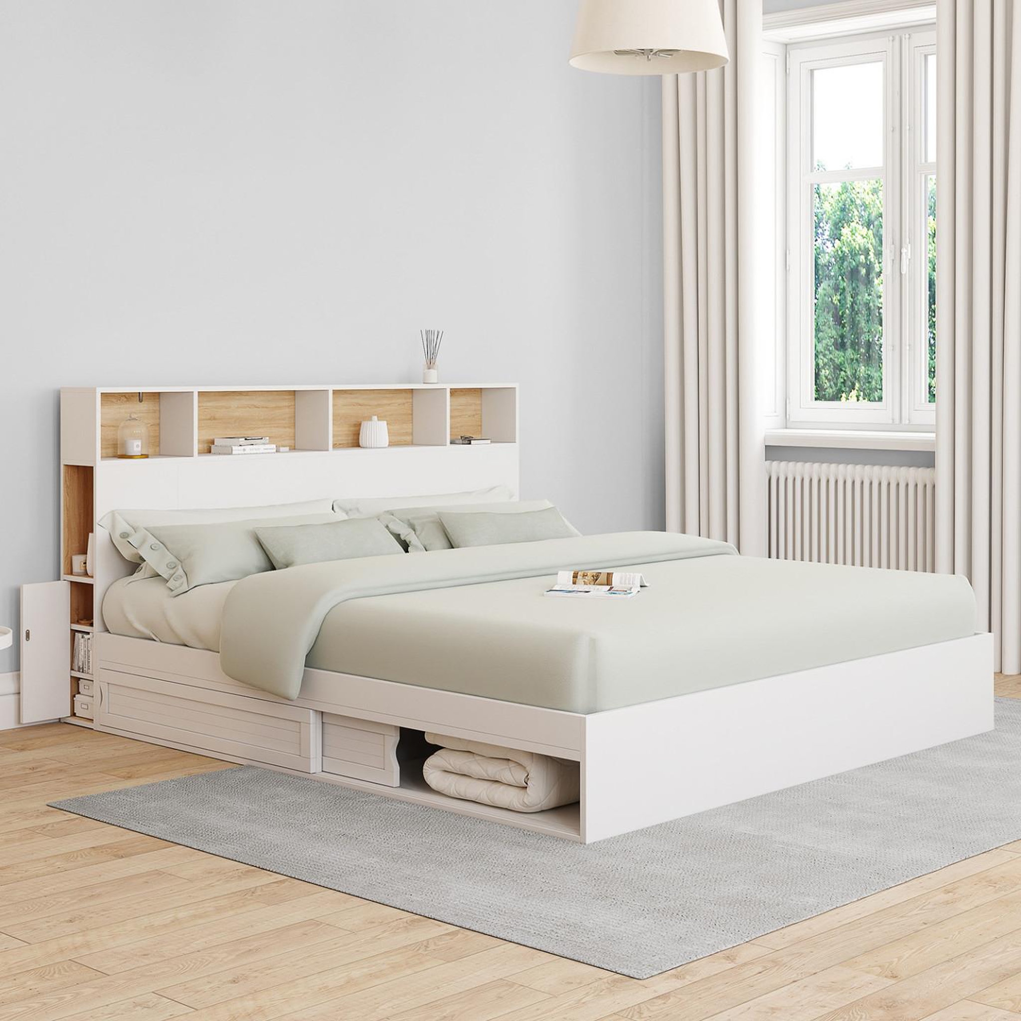 Voir la diapositive 2 : ID MARKET Lit double clem avec rangements + tête de lit et sommier 180 x 200 cm blanc et hêtre