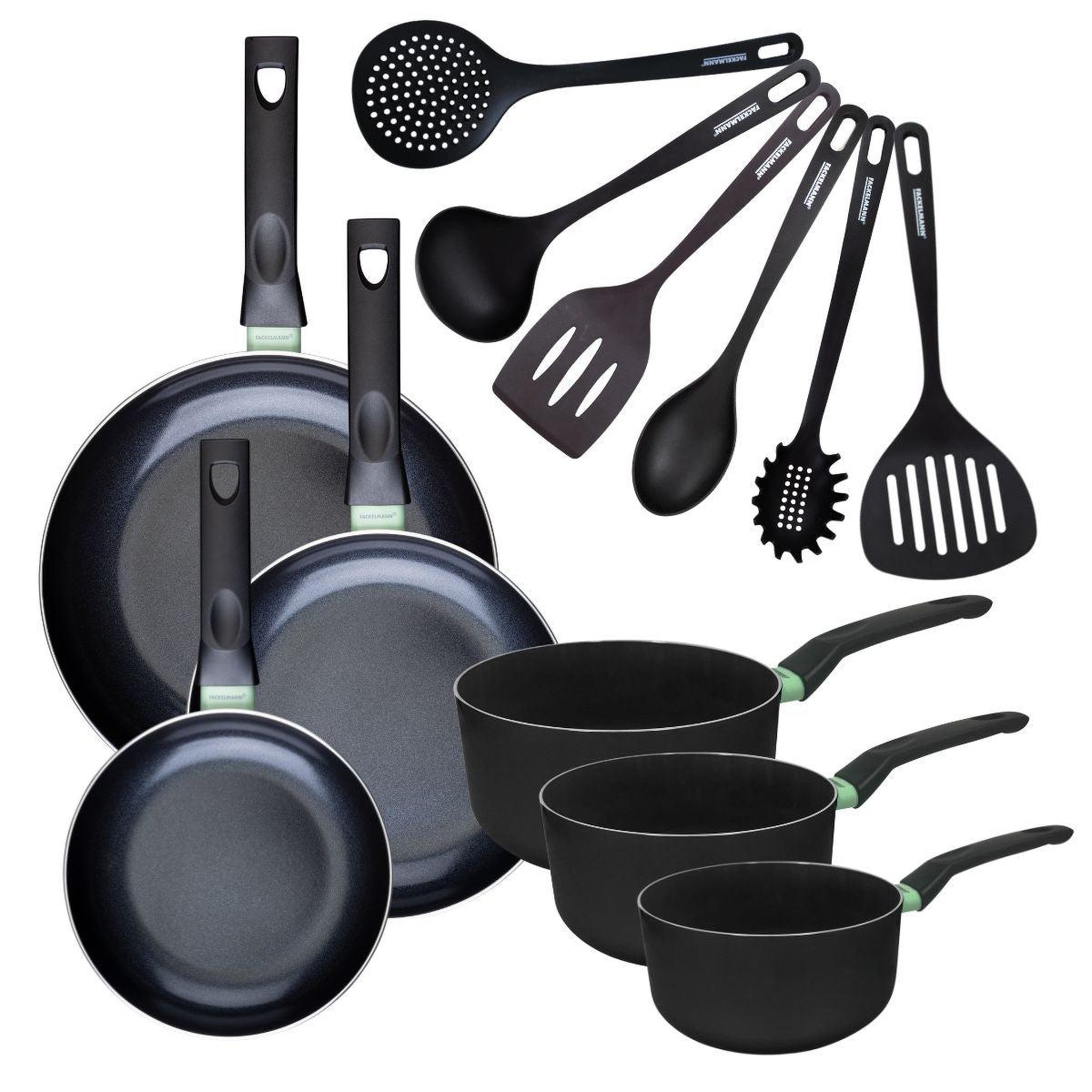 Fackelmann Set de 3 poêles 20 24 et 28 cm et 3 casseroles 16, 18 et 20 cm antiadhésives céramique et 6 ustensiles fackelmann brandao