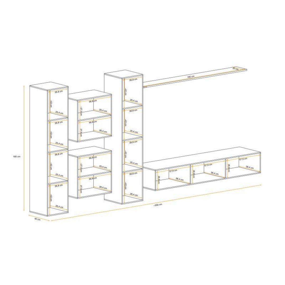 Paris Prix Meuble TV Mural Design  Switch VI  330cm Gris & Blanc