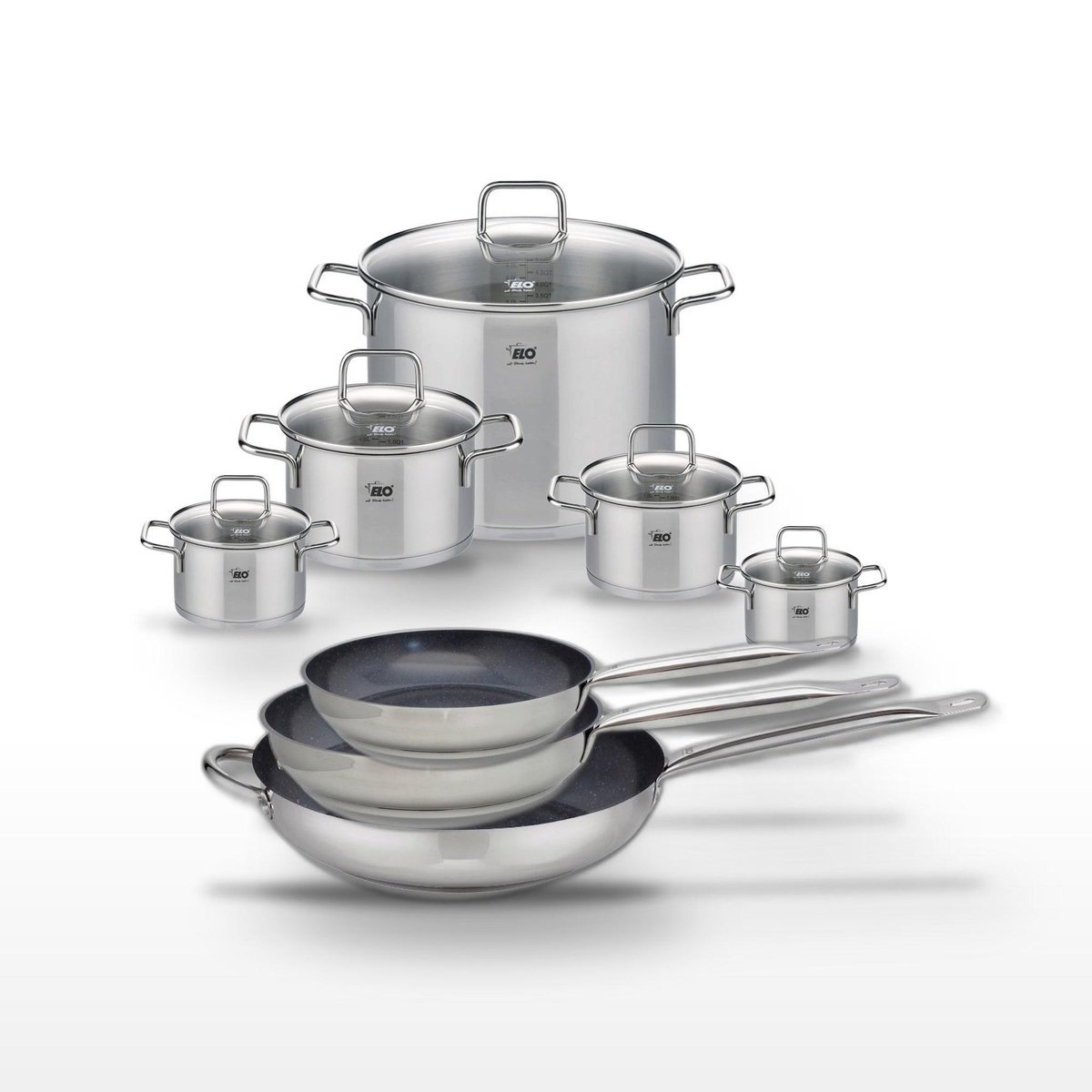 ELO Lot de 3 Poêles céramiques Elo Profi Therm Platinum 24/28/32 cm et 5 Faitouts Elo Citrin