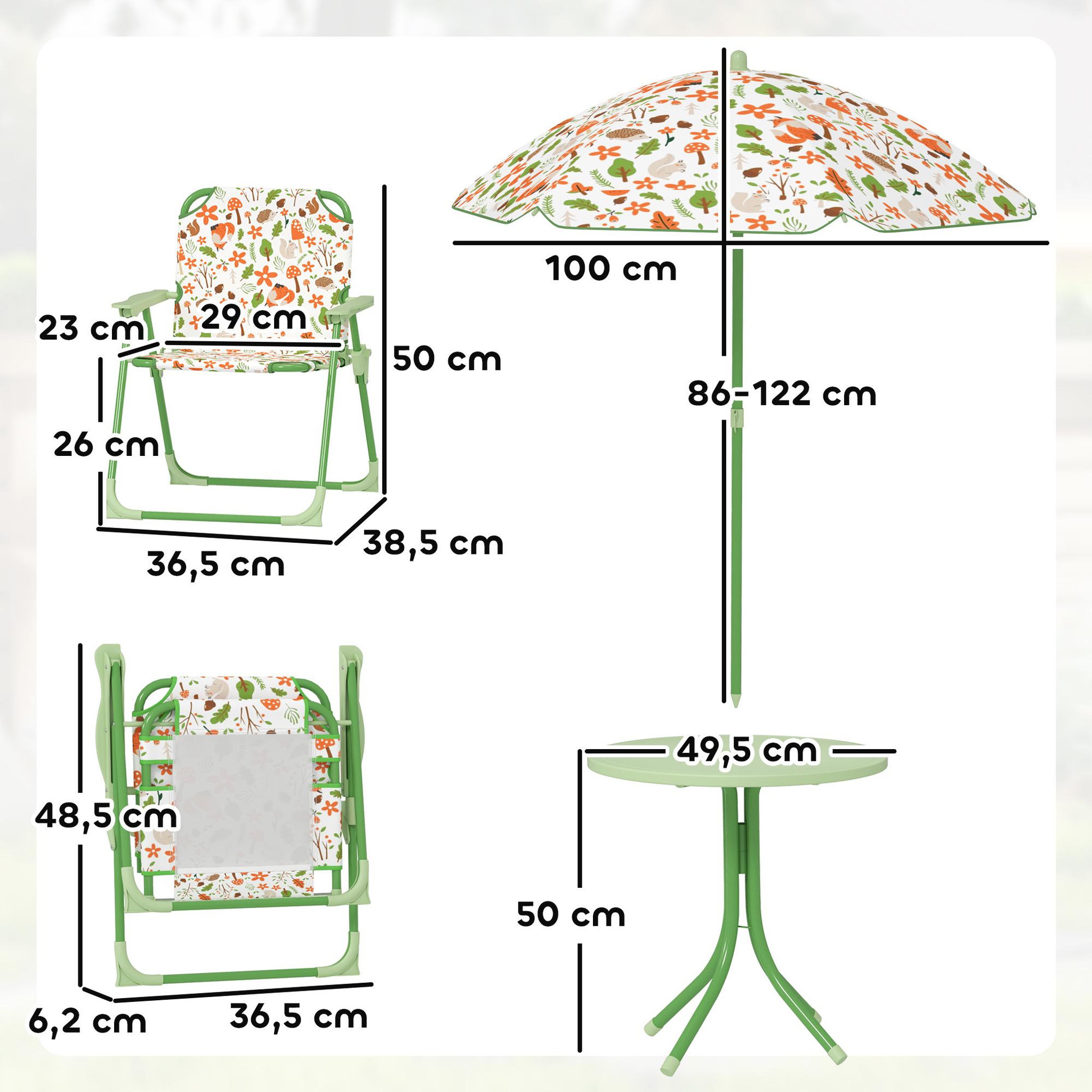 Voir la diapositive 3 : OUTSUNNY Ensemble salon de jardin enfant pliable 2 places 4 pièces motif vie de la forêt vert