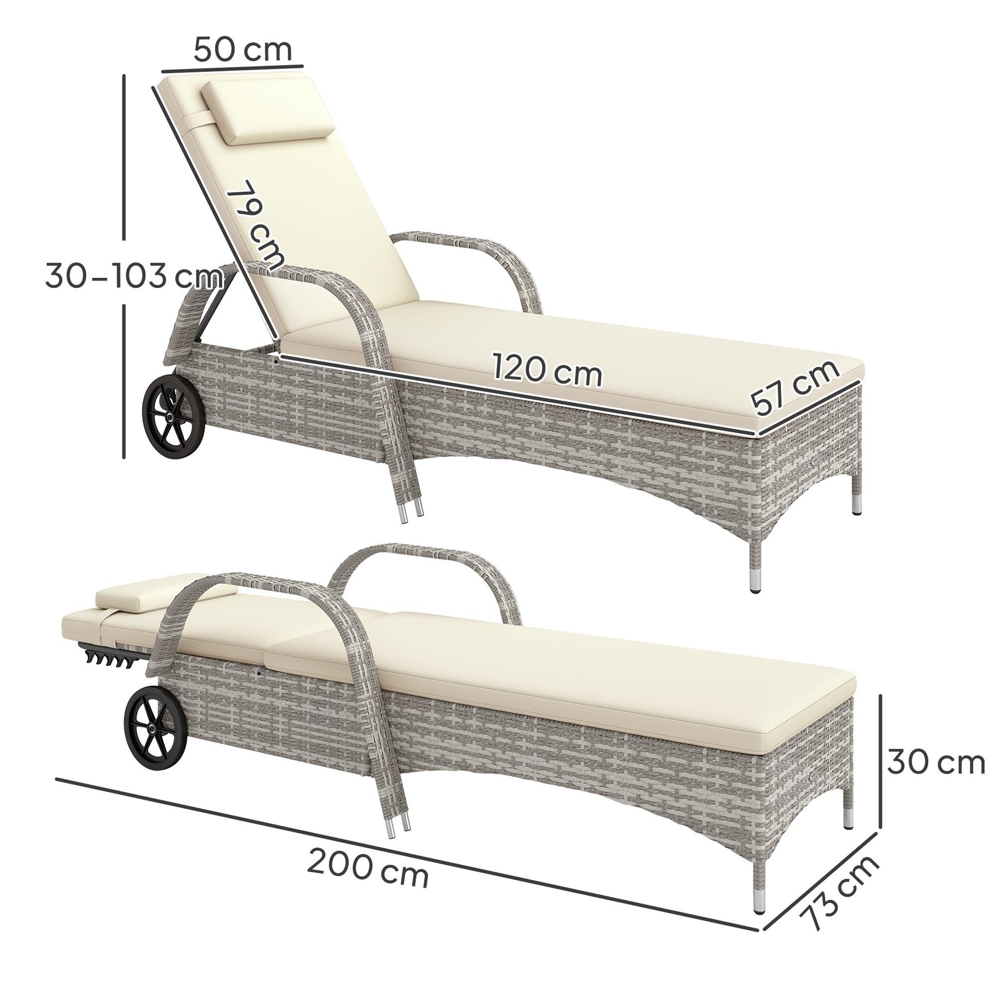 Voir la diapositive 3 : OUTSUNNY Transat bain de soleil grand confort : matelas, têtière, inclinaison réglable multipositions, accoudoirs, roulettes résine tressée gris clair
