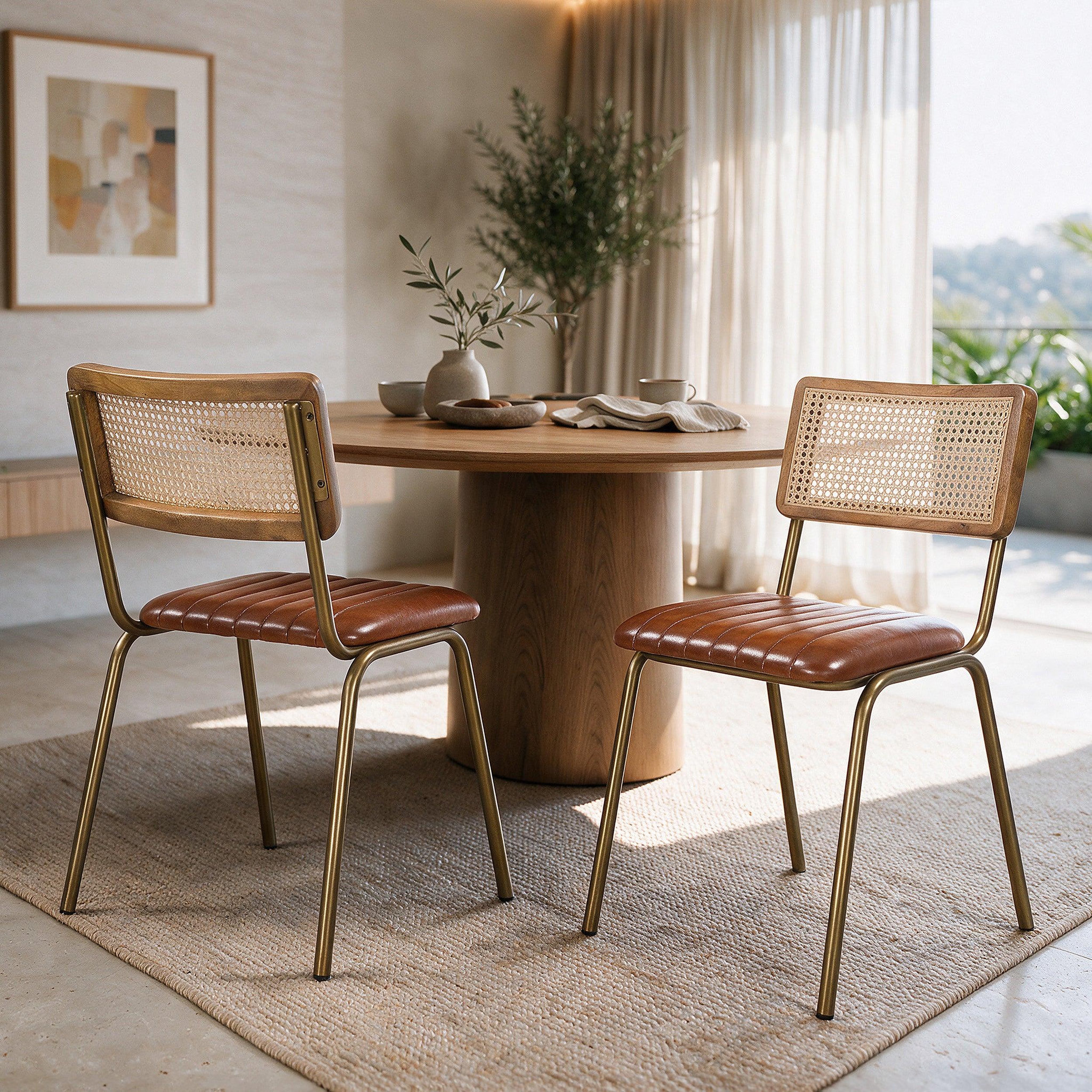 Voir la diapositive 2 : MAISON PAVANE Lot de 2 chaises en cannage et cuir marron-Arsène