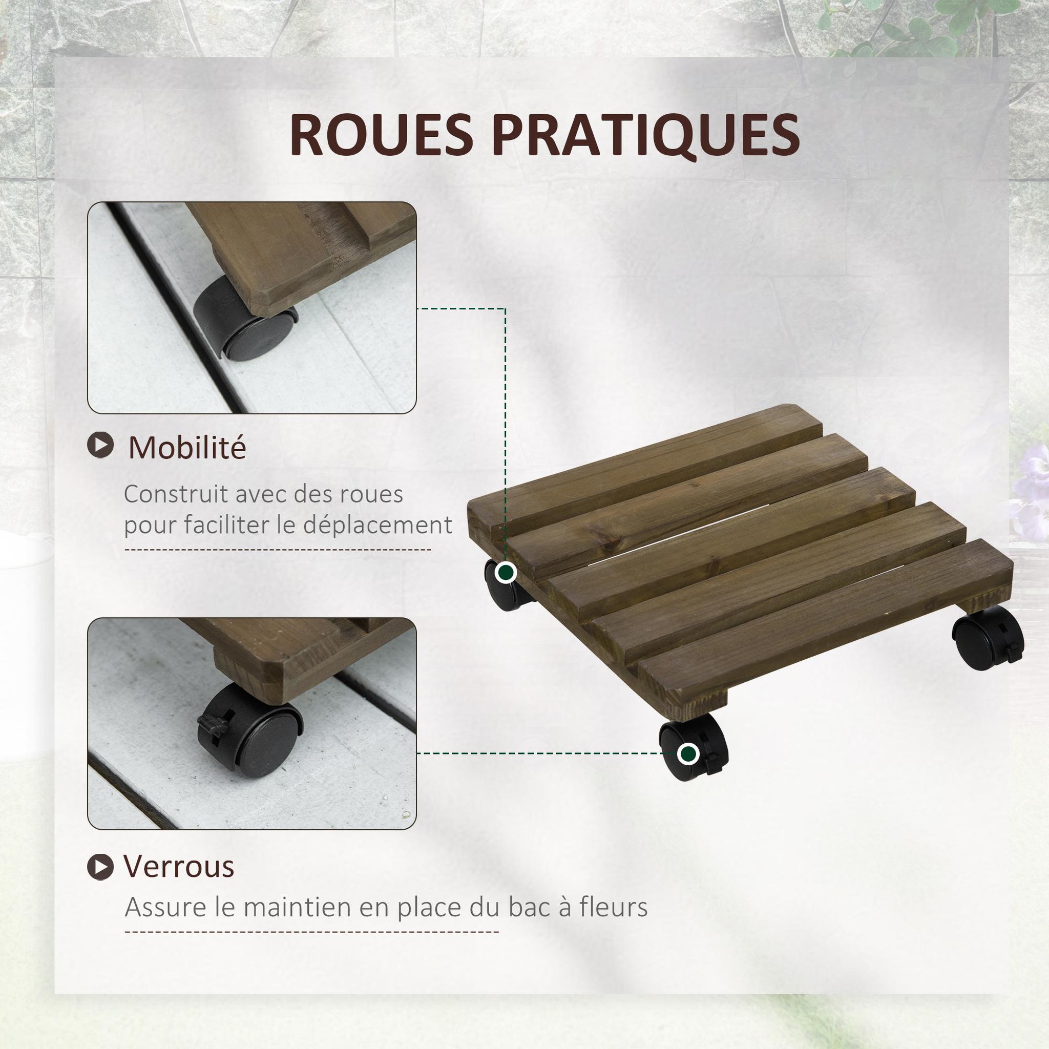 Voir la diapositive 5 : OUTSUNNY Porte plante à roulettes - support de pots de fleurs à roulettes - lot de 2 - bois sapin pré-huilé
