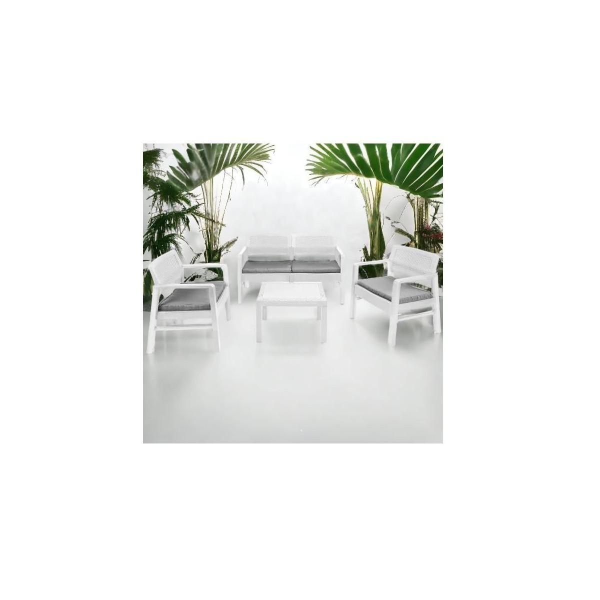 GARDEN DELUXE COLLECTION Salon de jardin 4 pièces Canapé 2 places + 2 fauteuils + Table basse Résine Blanche