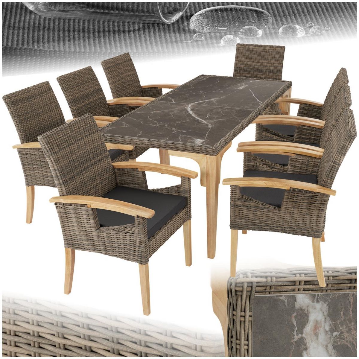 tectake Ensemble table en rotin avec 8 chaises avec cadre robuste marron naturel