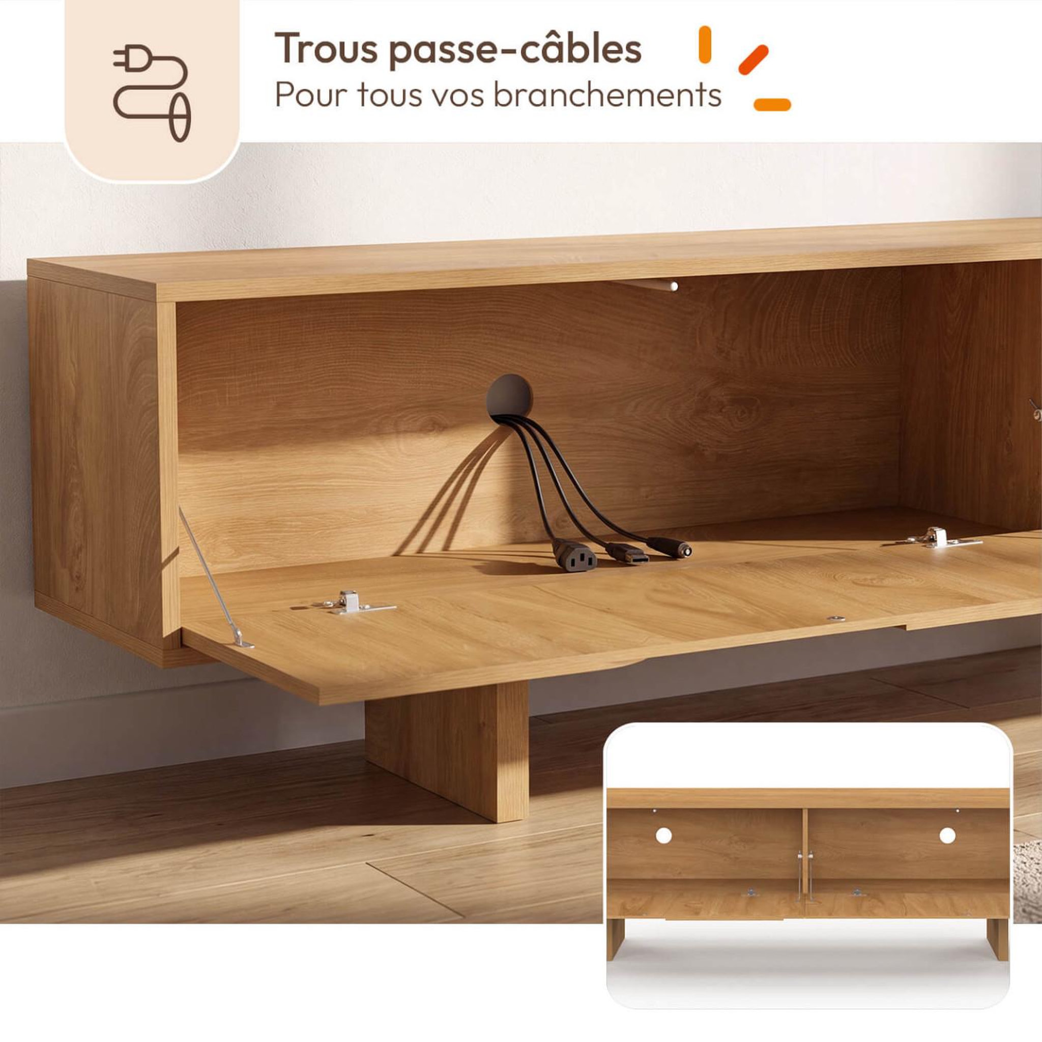 Voir la diapositive 6 : ID MARKET Meuble TV 180 cm ARVIN 2 portes avec reliefs arrondis bois clair