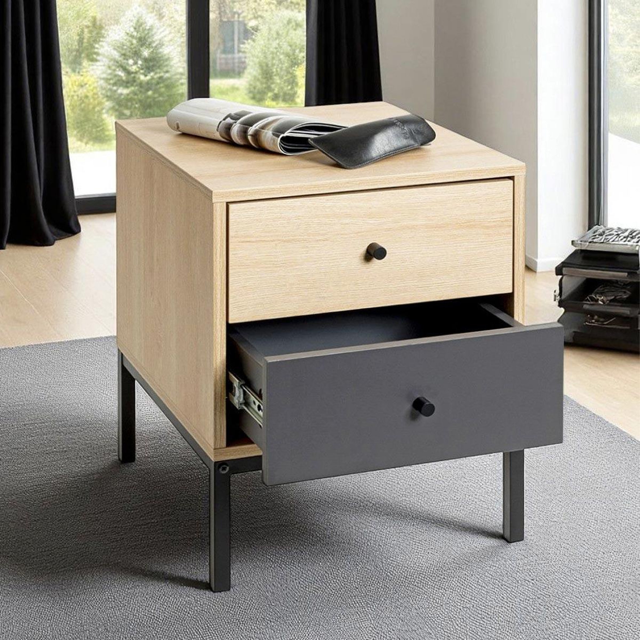Voir la diapositive 4 : Paris Prix Table de chevet 2 tiroirs  tom  50cm naturel & anthracite