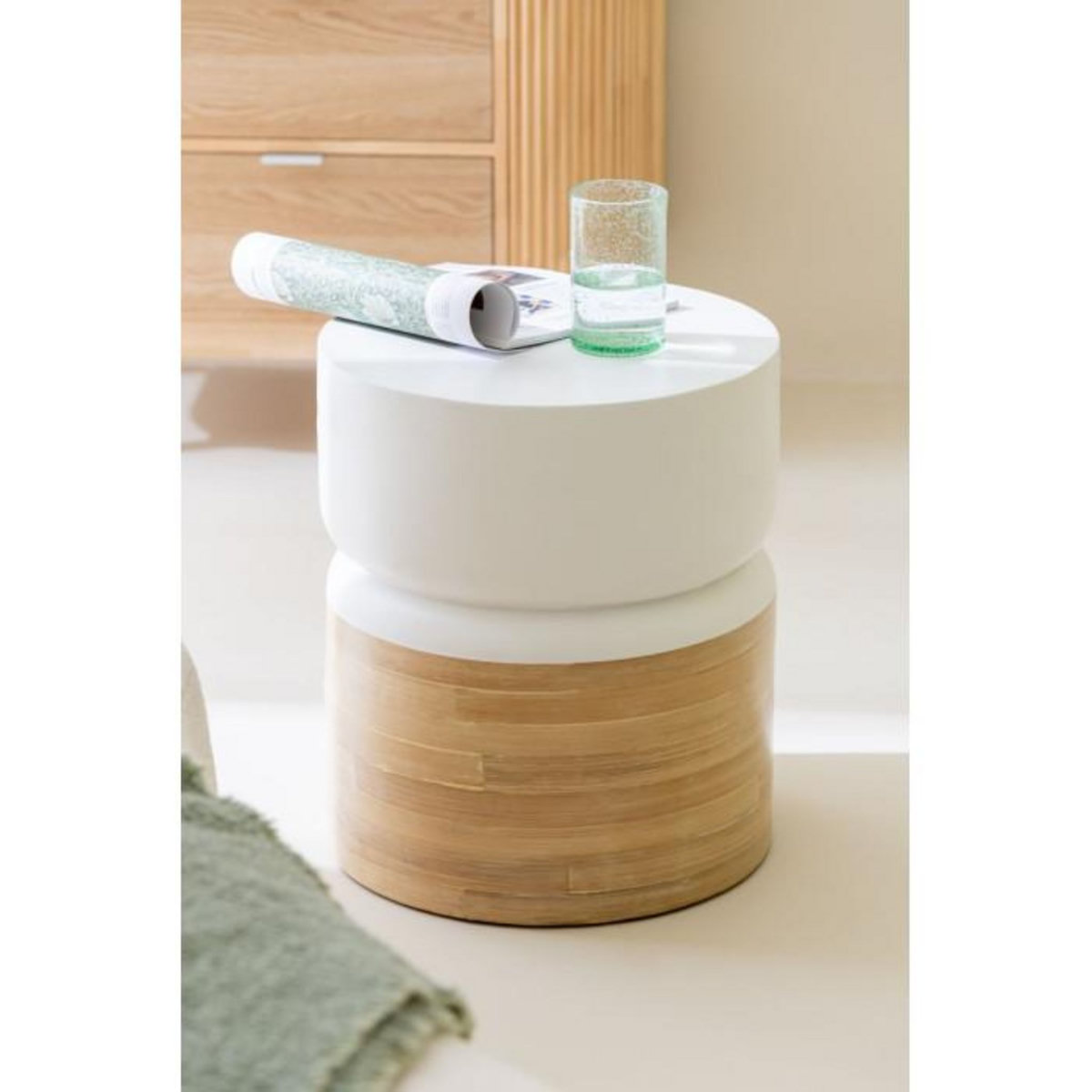 Paris Prix Table d'Appoint en Bambou  Socorro  47cm Blanc & Naturel