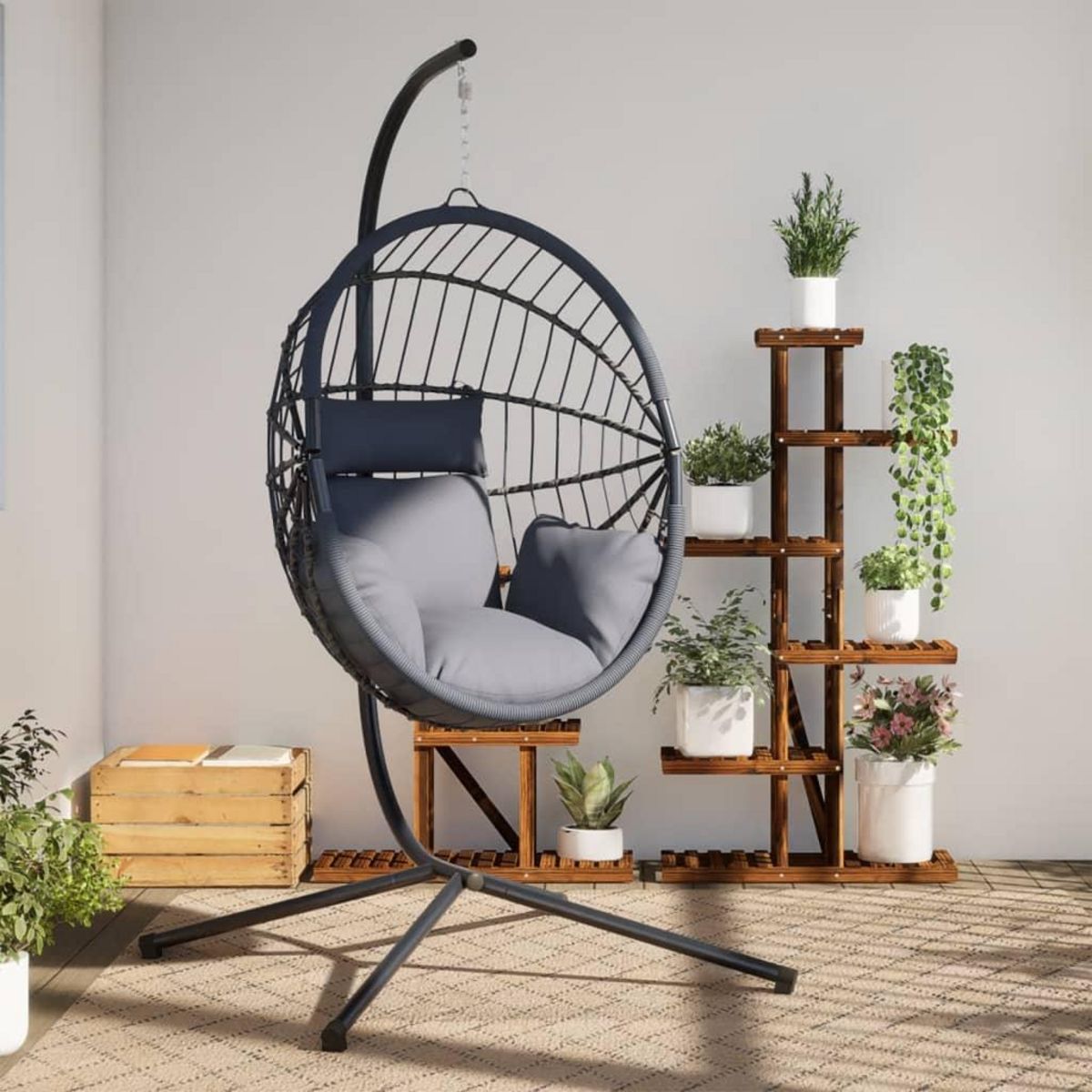 VIDAXL Chaise suspendue forme d'œuf et support gris clair rotin acier
