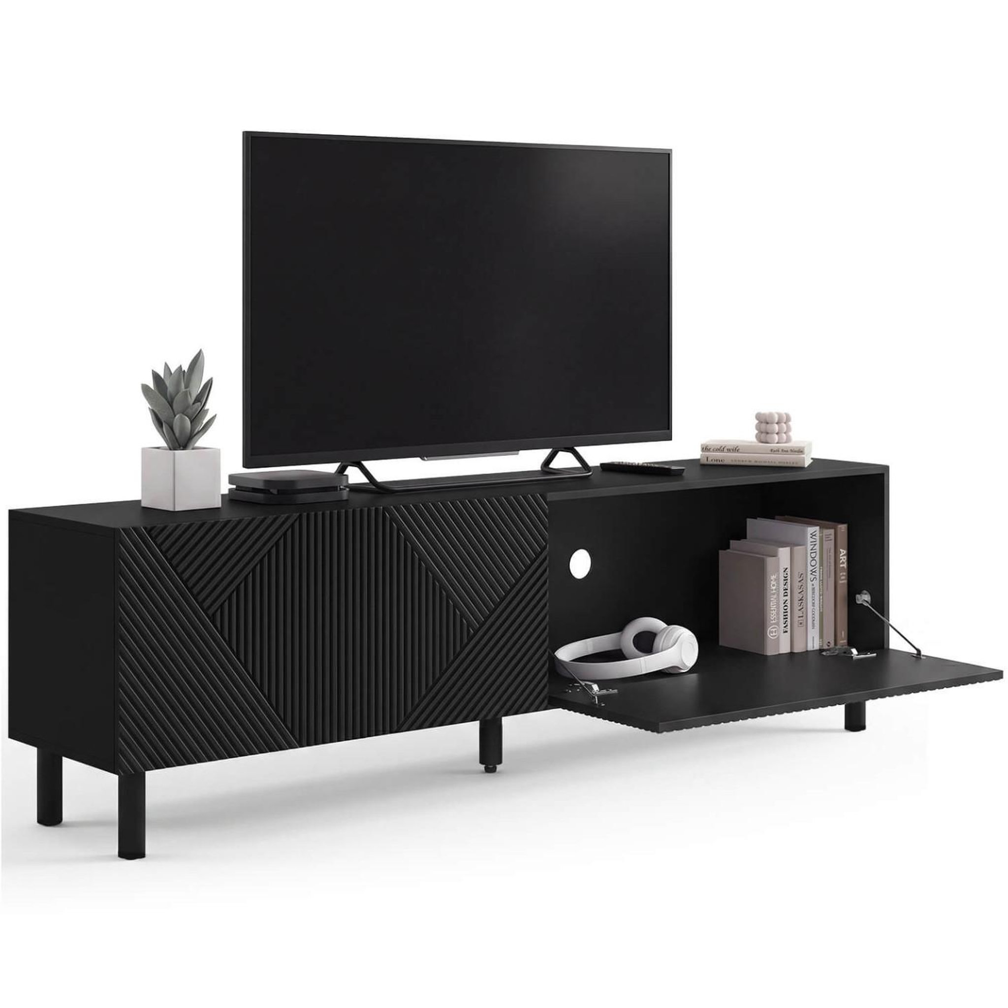 Voir la diapositive 4 : ID MARKET Meuble tv 180 cm himara 2 portes lattes géométriques bois noir