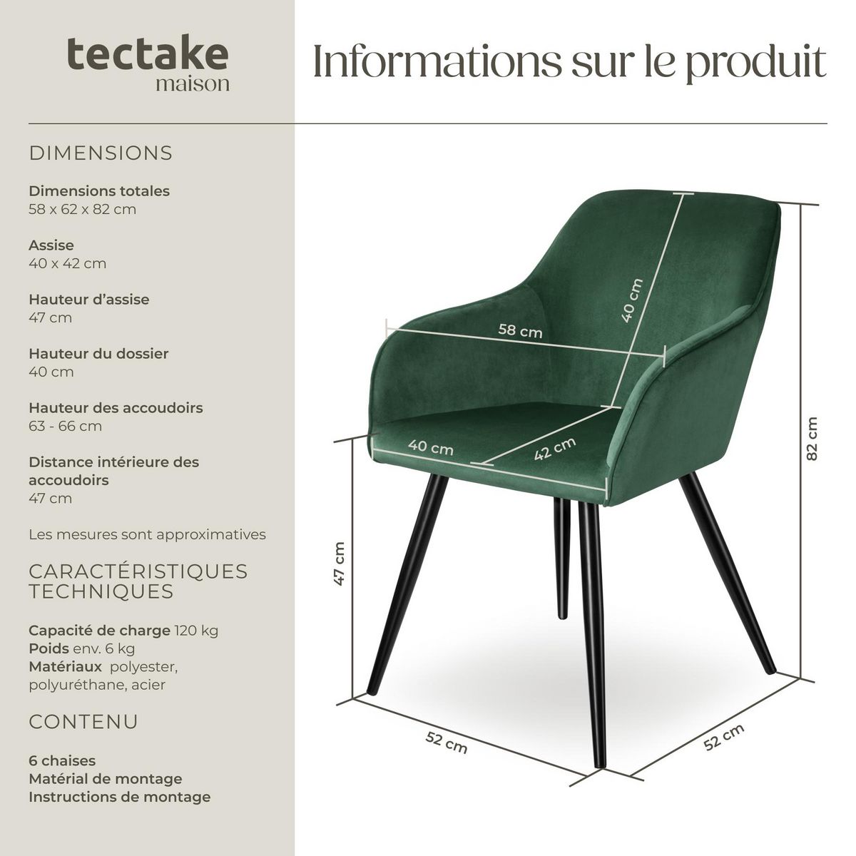 tectake Chaise style scandinave rembourrée aspect velours vert foncé/noir Lot de 6