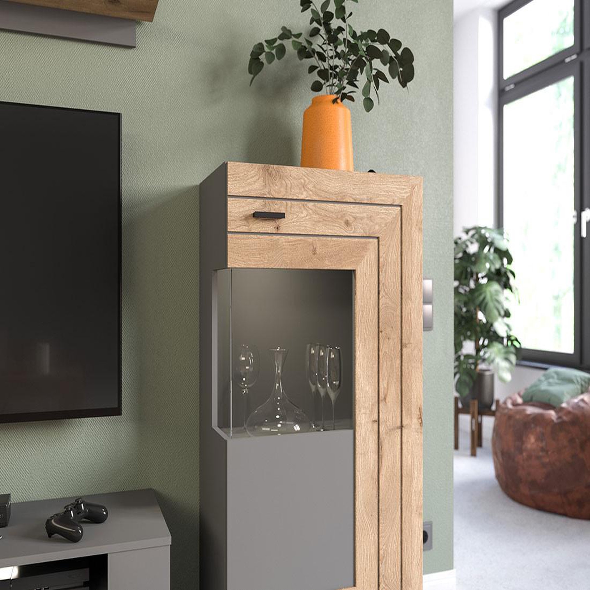 Voir la diapositive 1 : BEST MOBILIER Wexford - vitrine - gris et effet bois - 1 porte - 60x117 cm