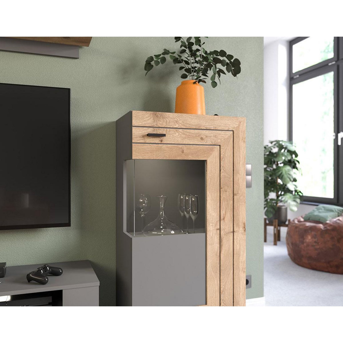 BEST MOBILIER Wexford - vitrine - gris et effet bois - 1 porte - 60x117 cm