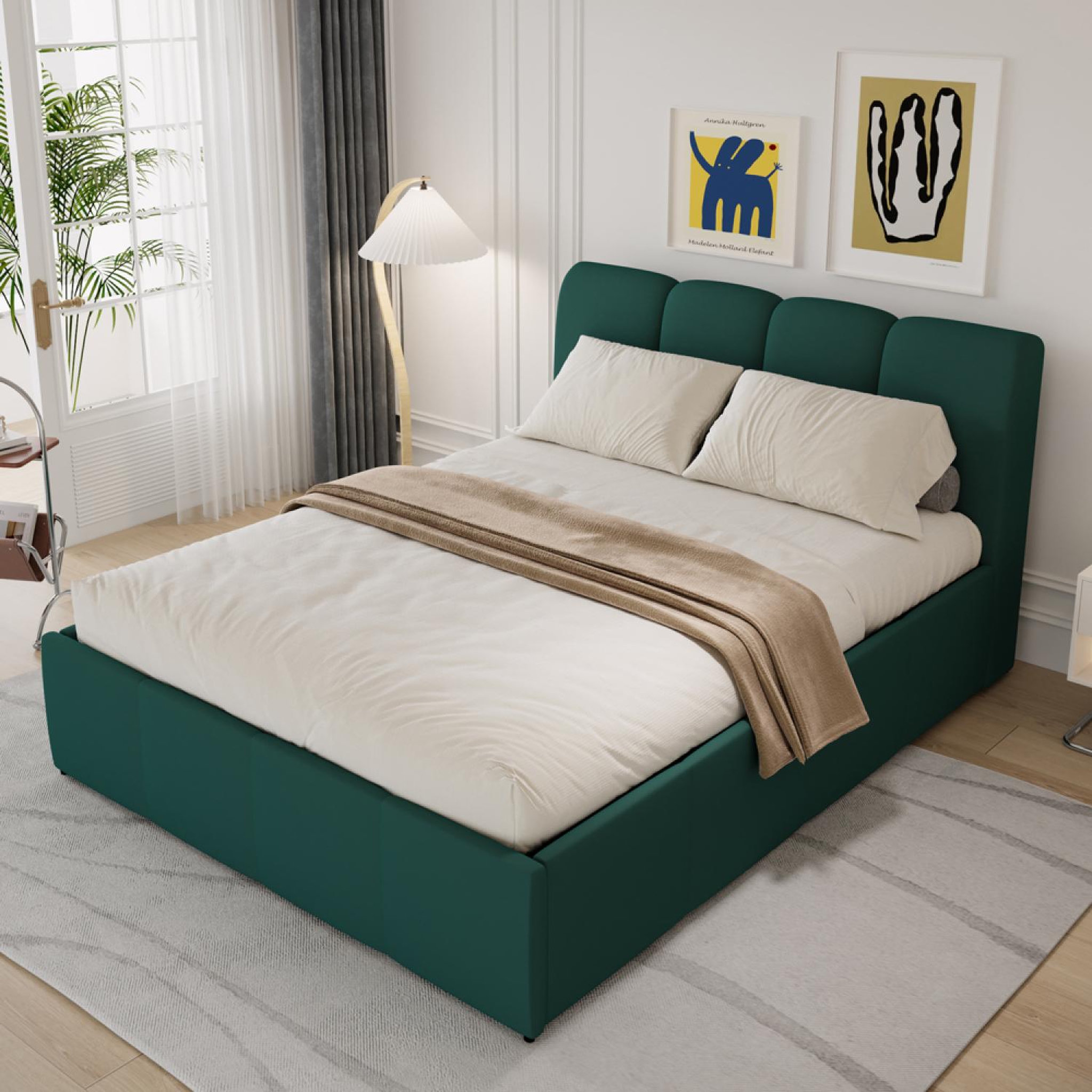 Voir la diapositive 4 : CONCEPT USINE Lit coffre style nuage led 160x200cm velours vert baltimore