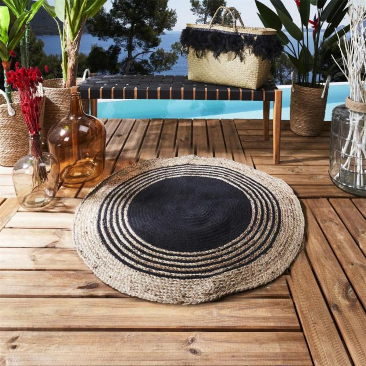 Paris Prix Tapis Rond Déco en Jute  Limo  90cm Noir