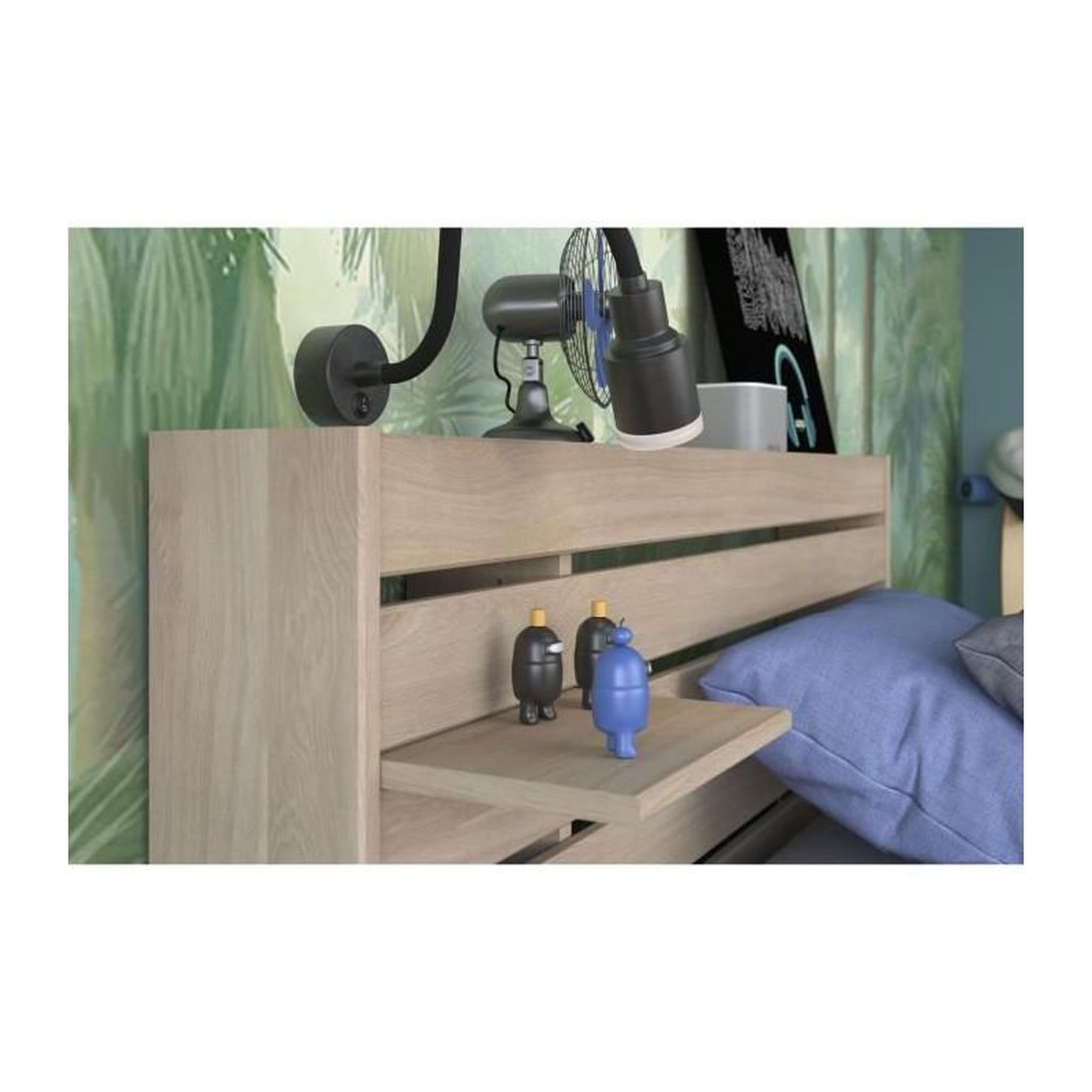 Voir la diapositive 5 : PARISOT Lit enfant ESCALE 90x190/200 cm - Décor chene - Tete de lit + 2 tiroirs - L121,5 x H88,6 x P216,8 cm