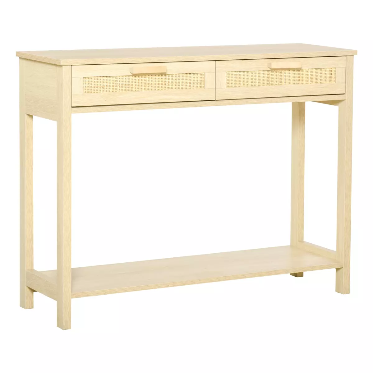 HOMCOM Console table d'appoint dim. 100L x 30l x 76H cm 2 tiroirs façades cannage en rotin étagère MDF aspect bois clair