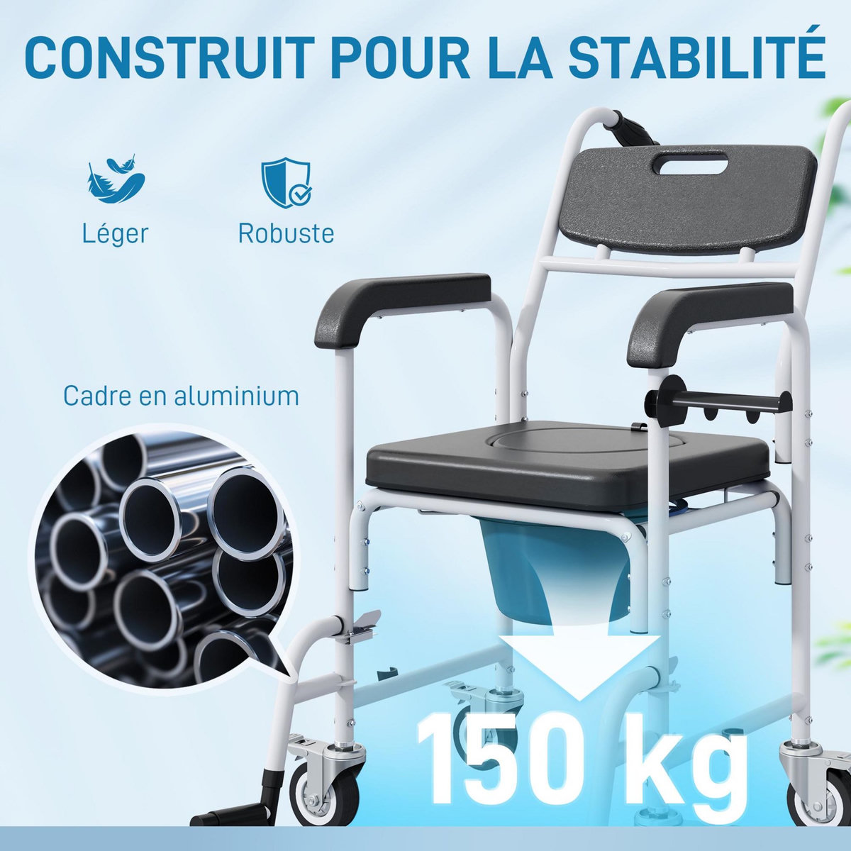 HOMCOM Chaise percée médicale à roulettes - repose-pieds, dossier, accoudoirs, pot amovible, support papier - alu blanc HDPE noir