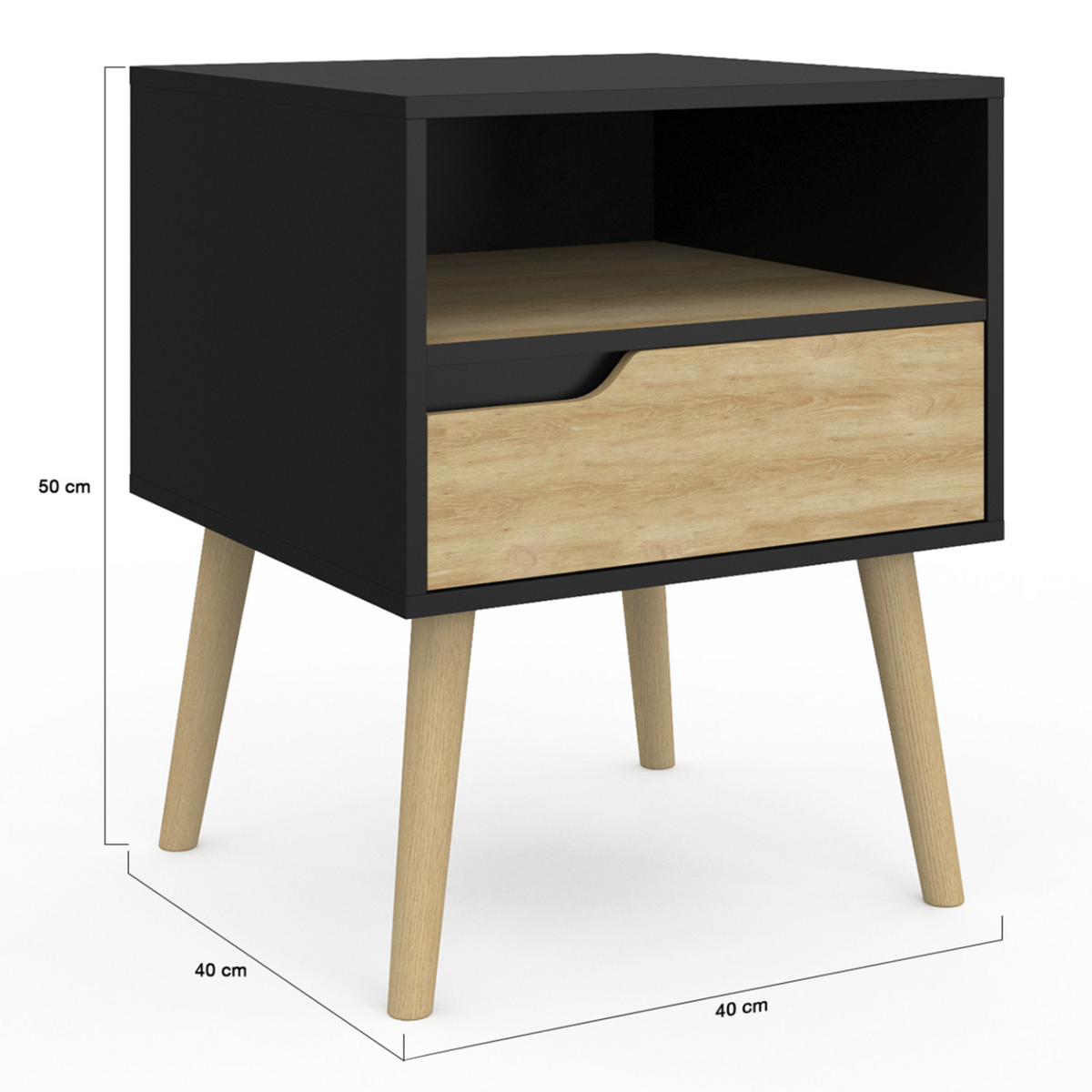 ID MARKET Lot de 2 tables de chevet HELSINKI scandinaves 1 tiroir avec niche noir et effet hêtre