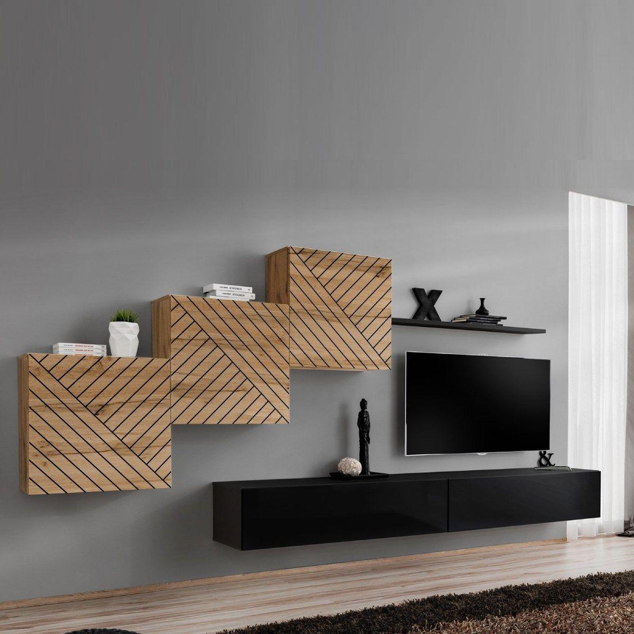 Voir la diapositive 1 : Paris Prix Ensemble meuble tv  switch lamel x  330cm noir & naturel