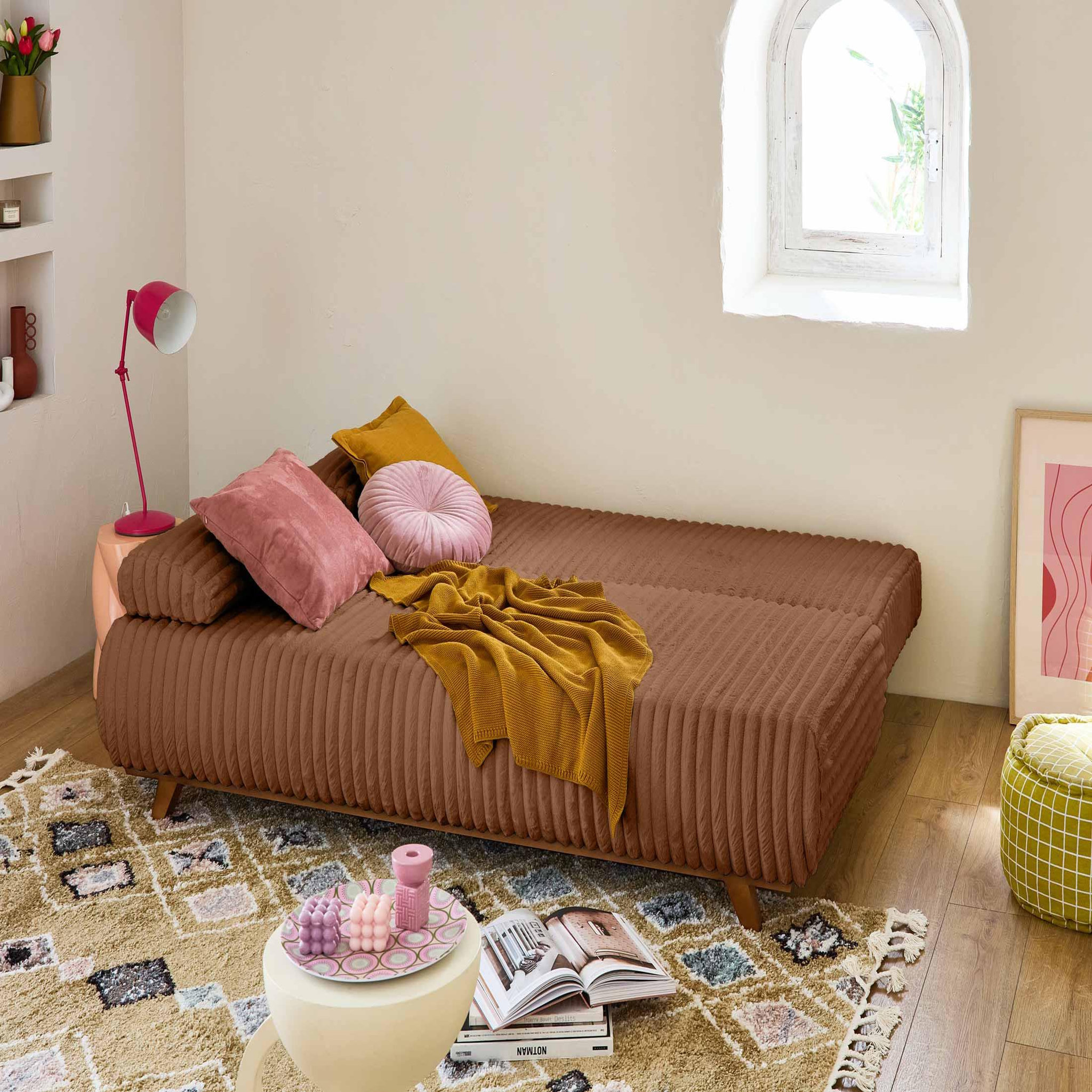 Voir la diapositive 3 : BEST MOBILIER Cristal - canapé 3 places - convertible avec coffre et grand pouf - en fausse fourrure côtelée