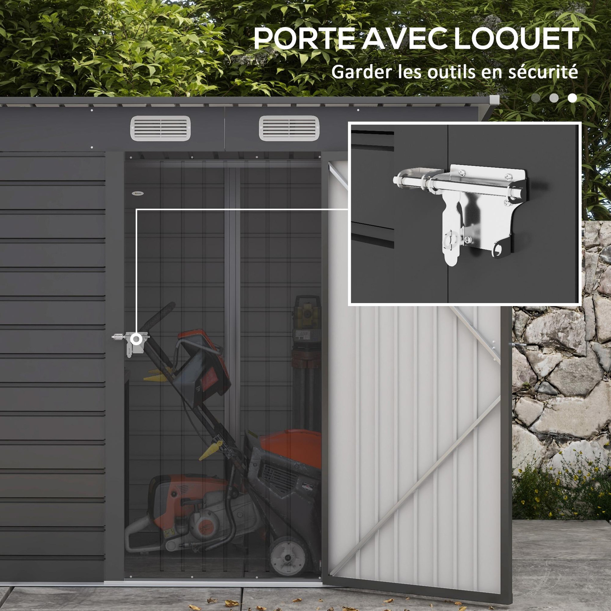 Voir la diapositive 6 : OUTSUNNY Abri de jardin cabanon dim. 191L x 130l x 166H cm porte verrouillable ventilations tôle acier ondulé gris