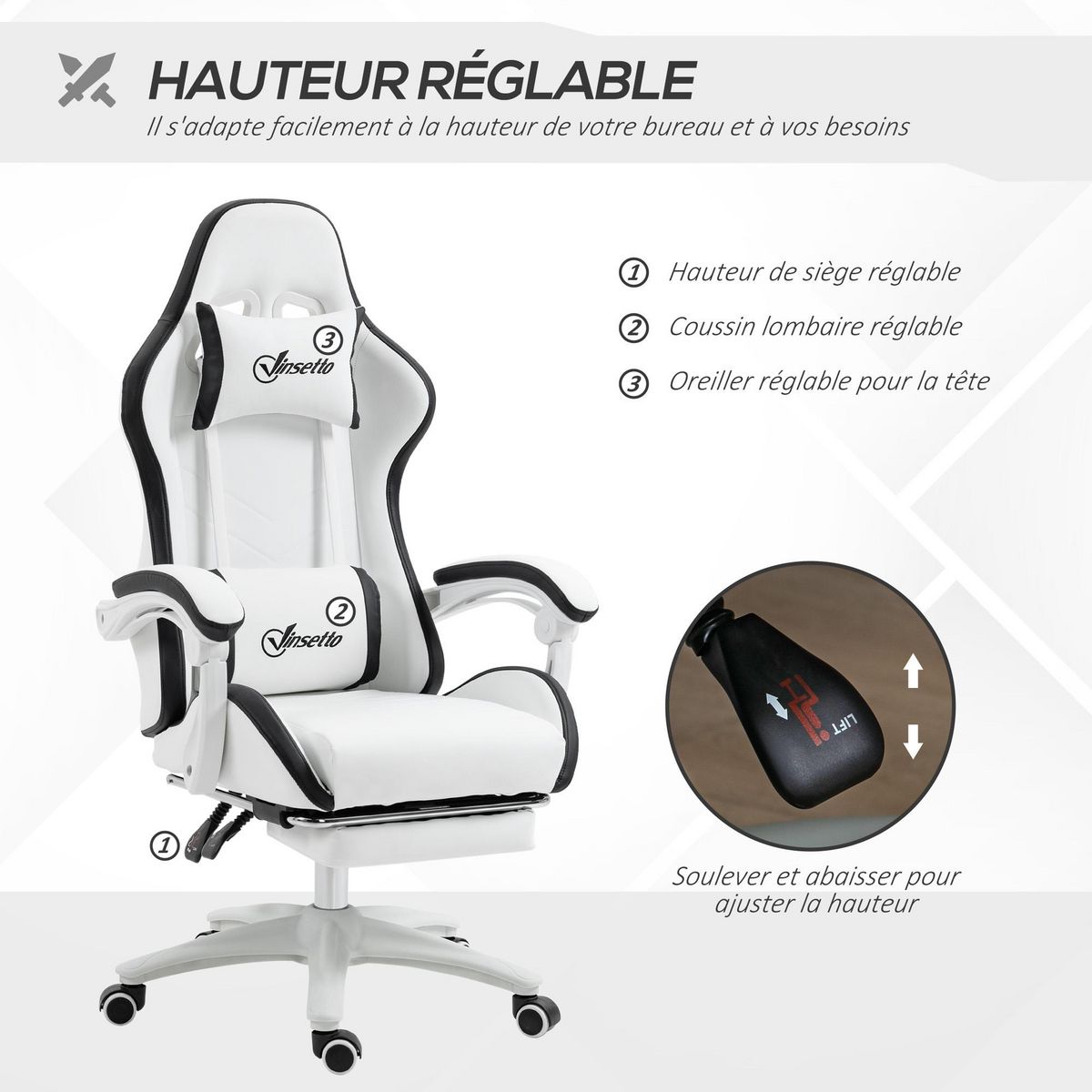 VINSETTO Chaise de bureau gaming - inclinable, pivotant, réglable - coussins lombaires têtière inclus - noir blanc