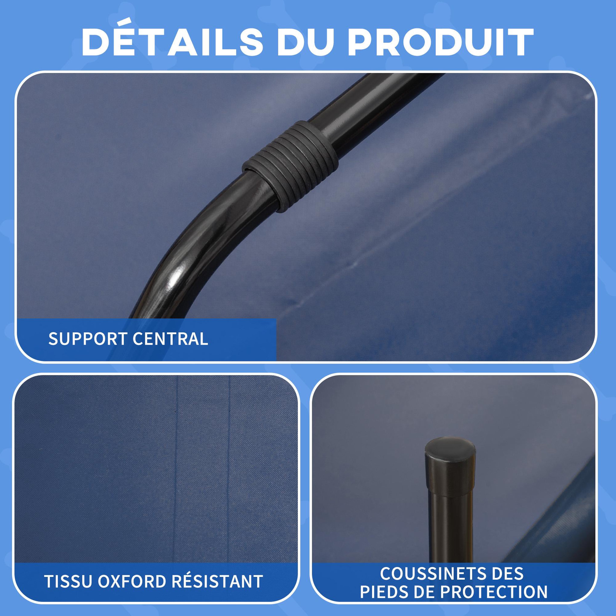 Voir la diapositive 5 : PAWHUT Lit surélevé pour chien dim. 92 x 76 x 18 cm sac de transport inclus métal oxford haute densité bleu