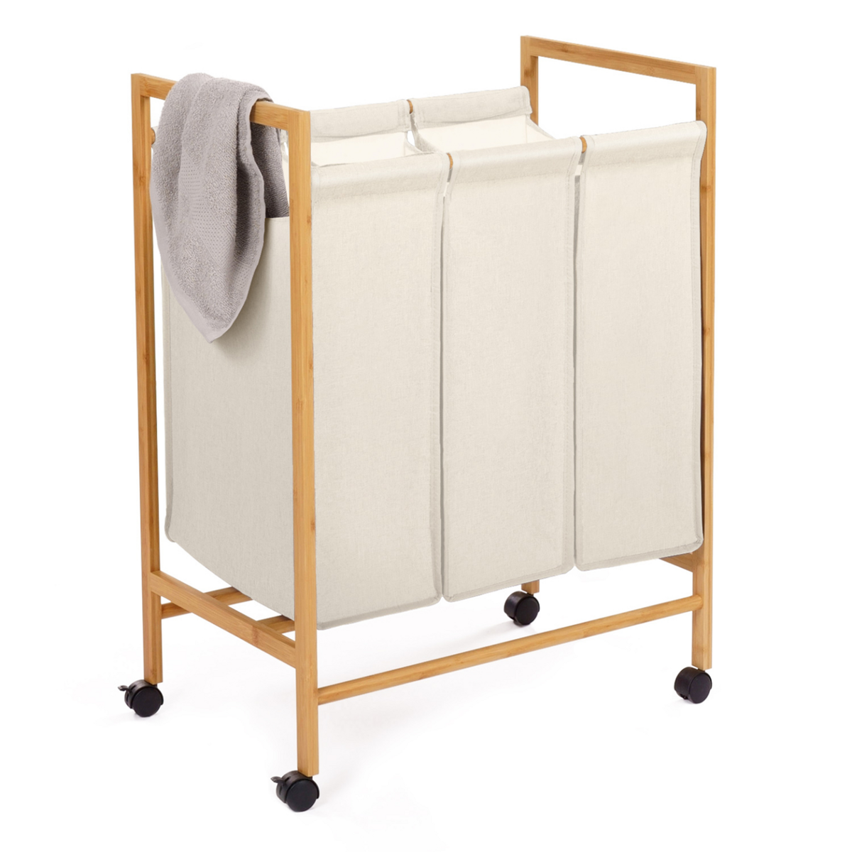 ID MARKET Panier à linge 3 compartiments bambou RITA tissu écru avec roulettes