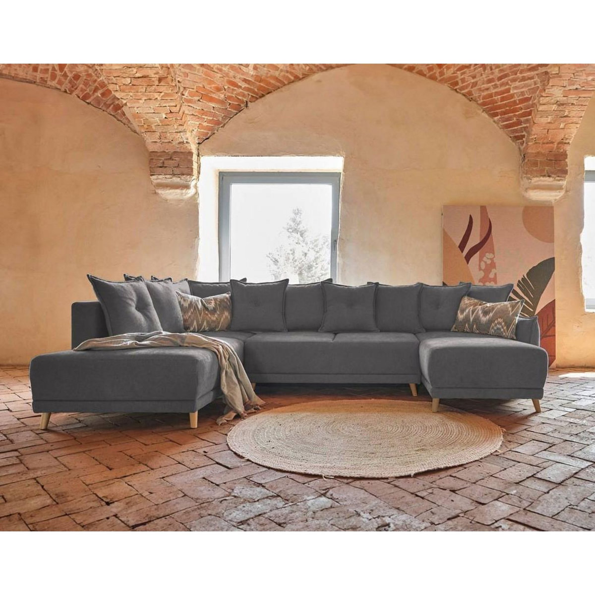 BEST MOBILIER Lena - canapé d'angle panoramique convertible - avec coffre - 7 places - gauche