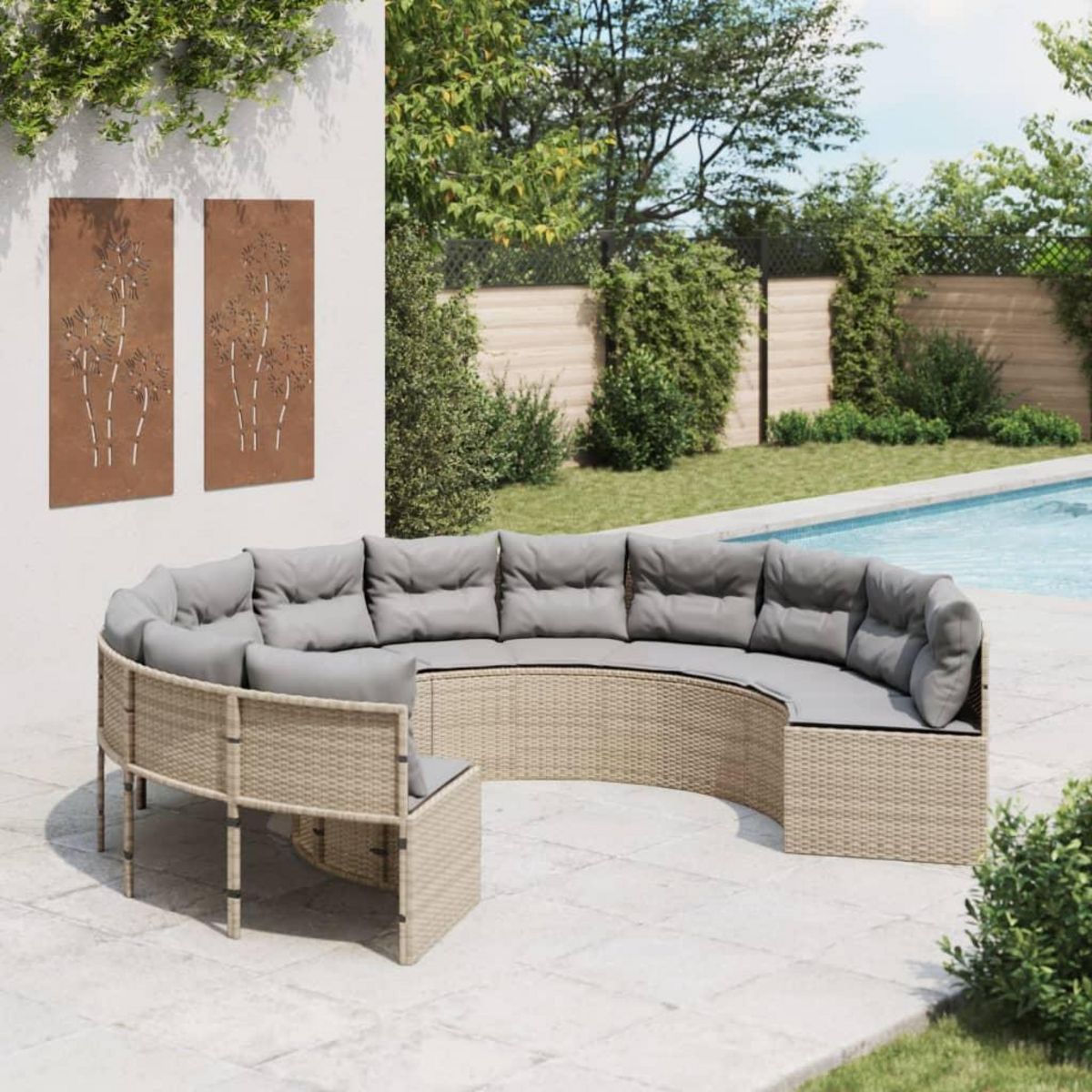 VIDAXL Canape de jardin avec coussins rond beige resine tressee