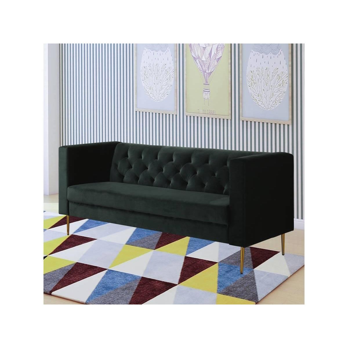 Habitat et Jardin Canapé fixe en velours  Bruce  - 196 x 76 x 82 cm - 3 places - Vert foncé