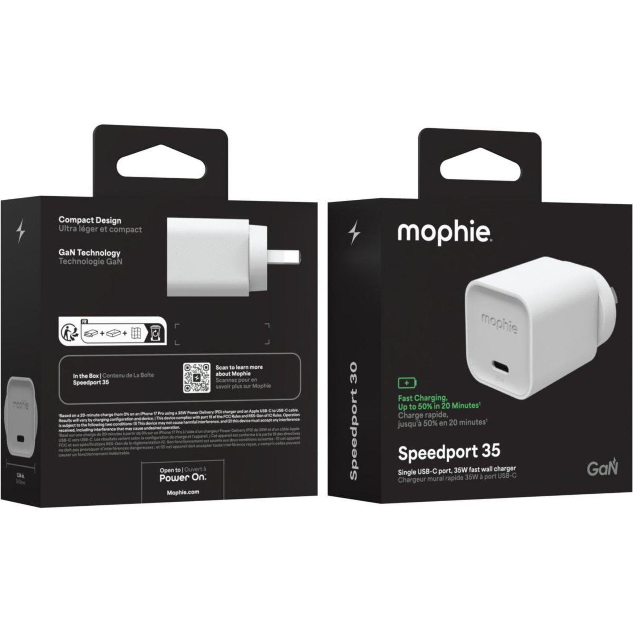 Voir la diapositive 2 : Mophie Chargeur secteur 35w gan usb-c x2 power delivery blanc