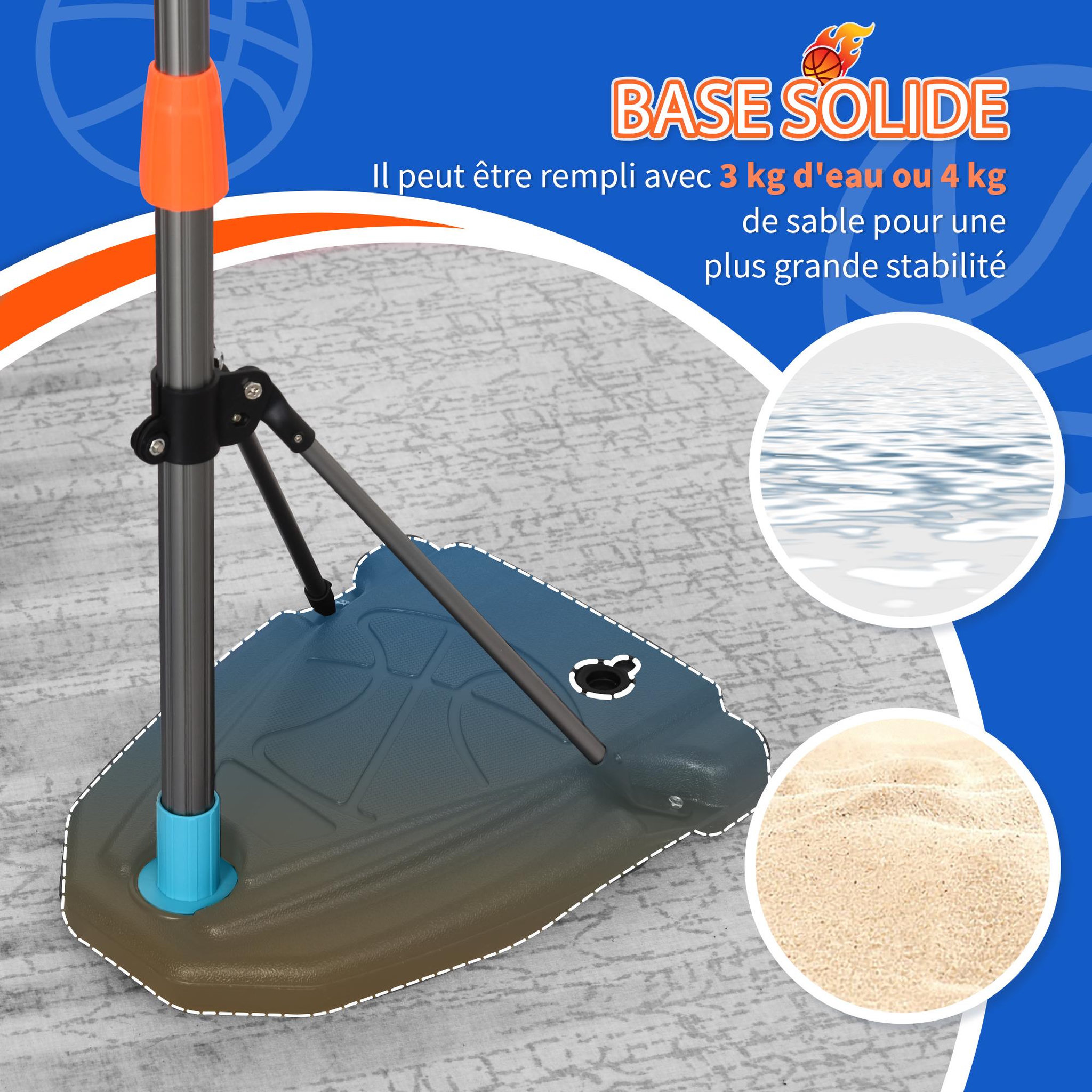 Voir la diapositive 5 : HOMCOM Panier de basket-ball sur pied avec poteau base lestage panneau + ballon + pompe hauteur réglable 1,26 – 1,58 m