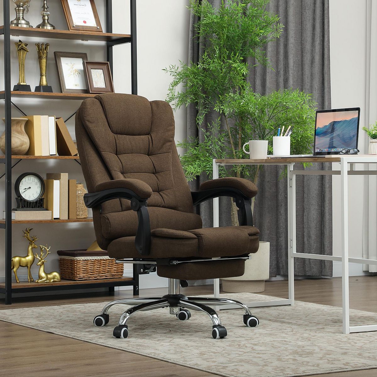 HOMCOM Fauteuil de bureau manager grand confort repose-pied dossier inclinable accoudoirs rembourrés lin beige