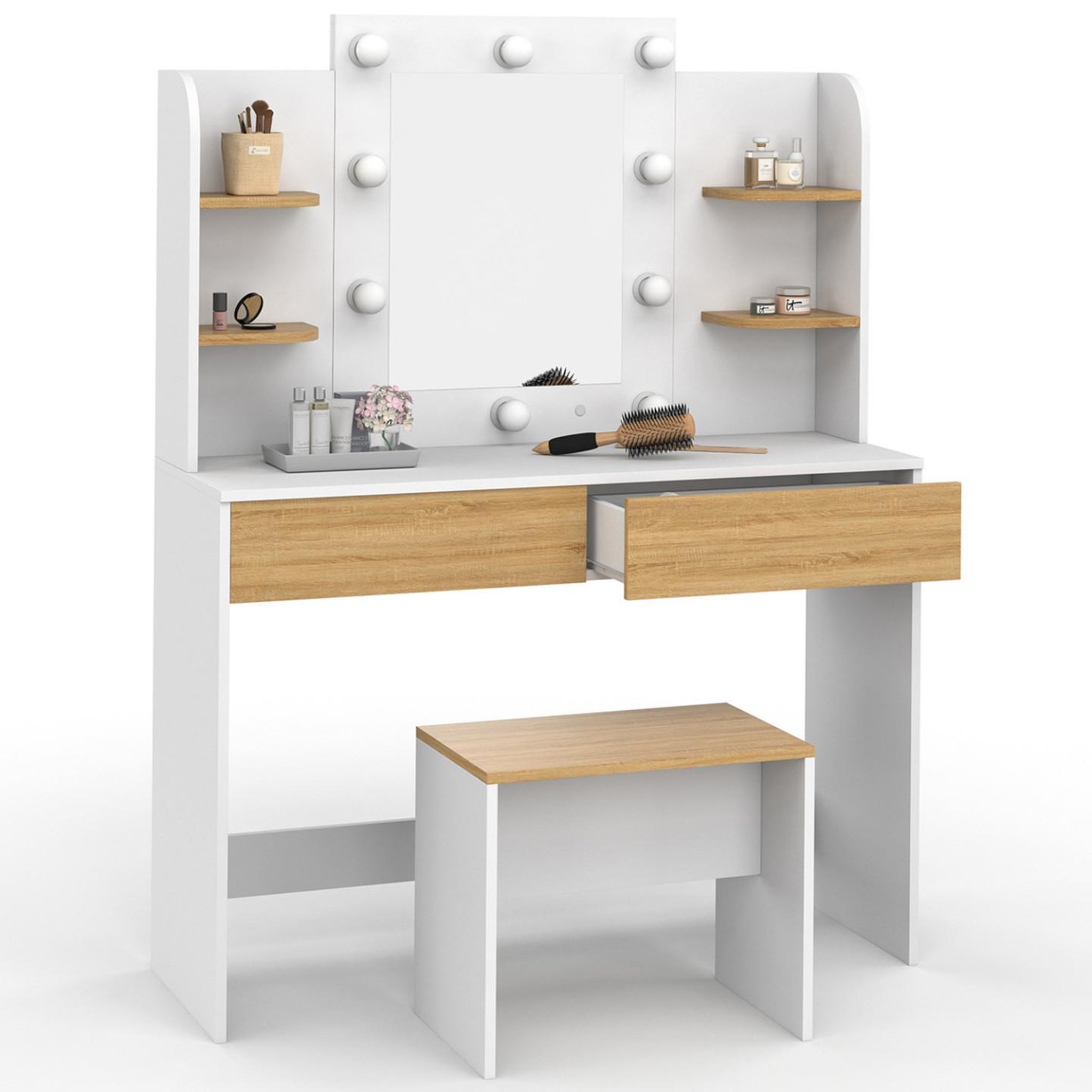 ID MARKET Coiffeuse zelia blanc et hêtre table de maquillage 4 étagères, miroir led et tabouret