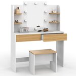 ID MARKET Coiffeuse ZELIA blanc et hêtre table de maquillage 4 étagères, miroir LED et tabouret