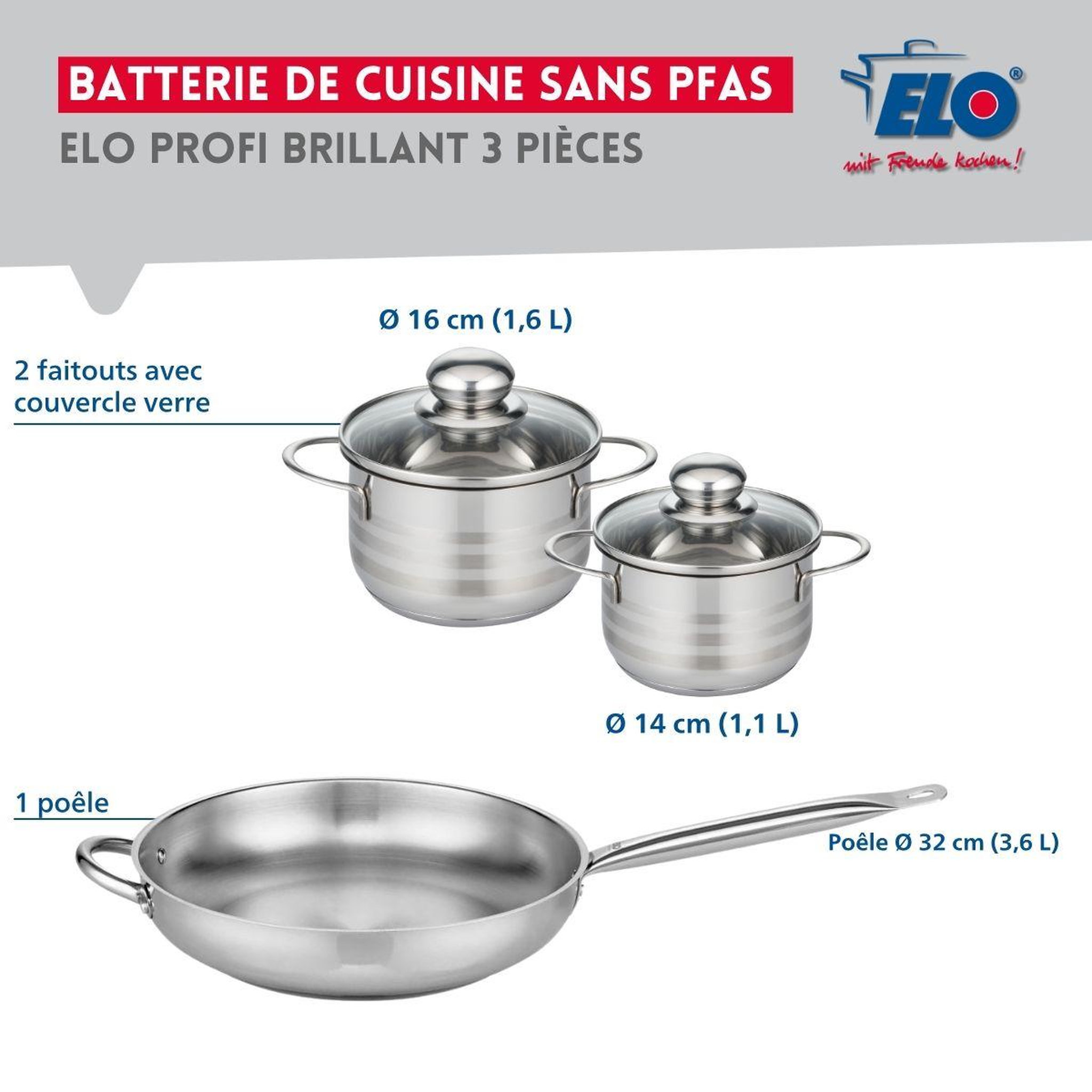 Voir la diapositive 2 : ELO Ensemble de 1 poêle de cuisson 32 cm et 2 faitouts 14 et 16 cm elo profi brillant