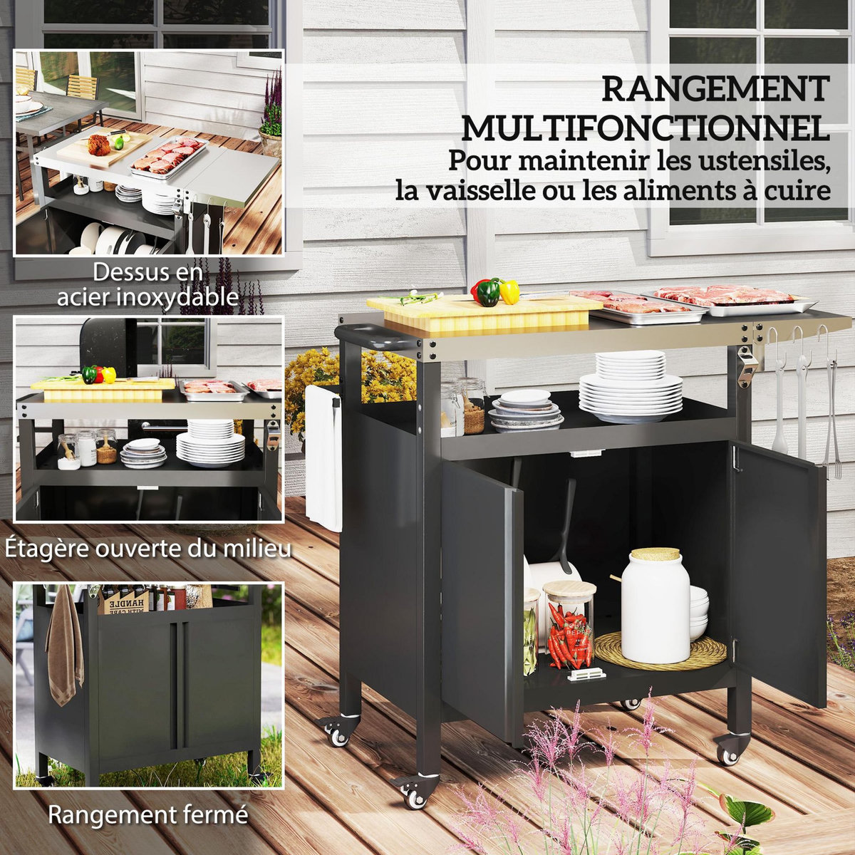 OUTSUNNY Desserte de jardin desserte plancha barbecue - 2 portes, tablette pliable, 3 crochets - acier noir acier inox