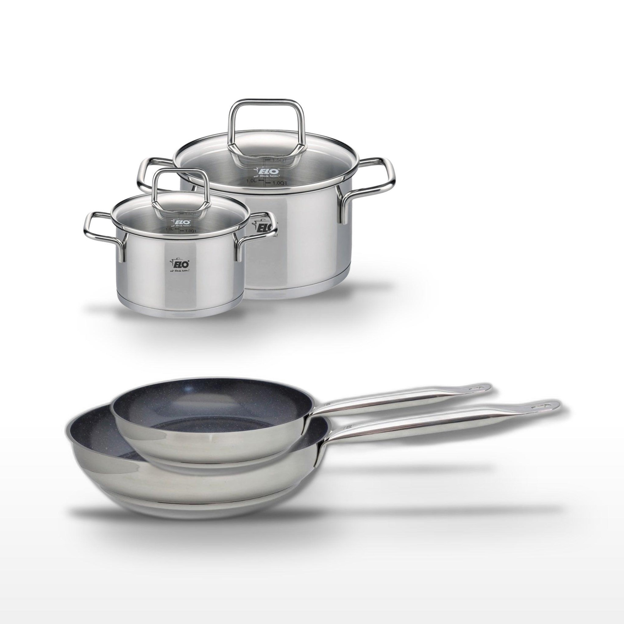 ELO Lot de 2 poêles 24/28 cm elo profi therm platinum et 2 faitouts 12/16 cm elo citrin