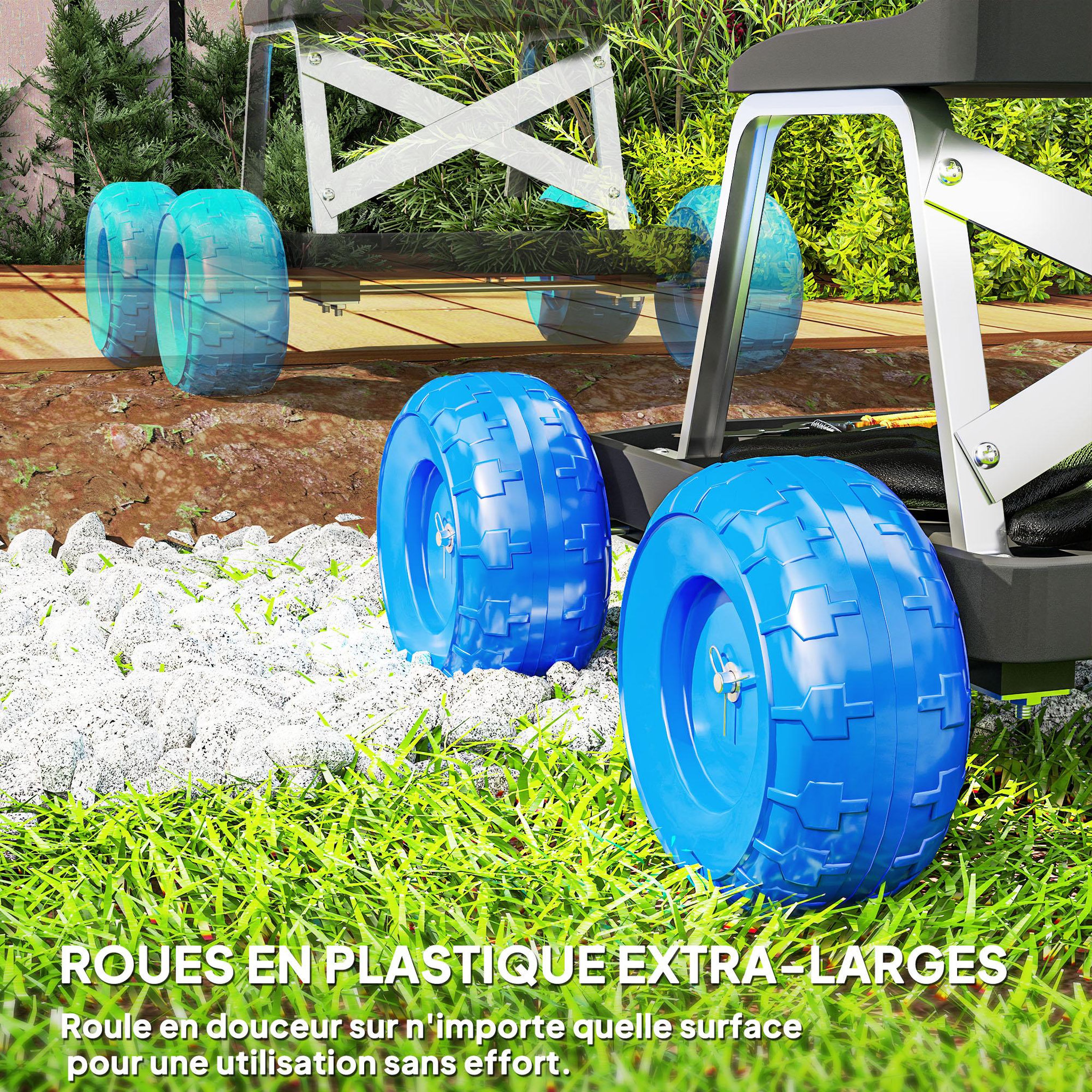 Voir la diapositive 6 : OUTSUNNY Tabouret de jardinage - siège de jardin sur roues - plateau à outils intégré - bleu noir