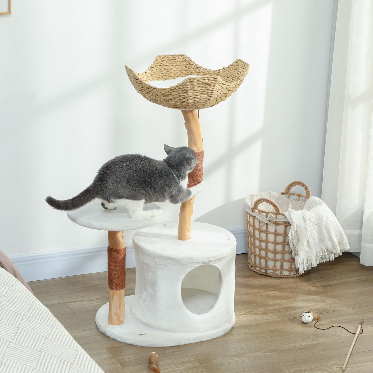 PAWHUT Arbre à chat bois design naturel griffoirs boule chanvre panier observation tressé coussin niche