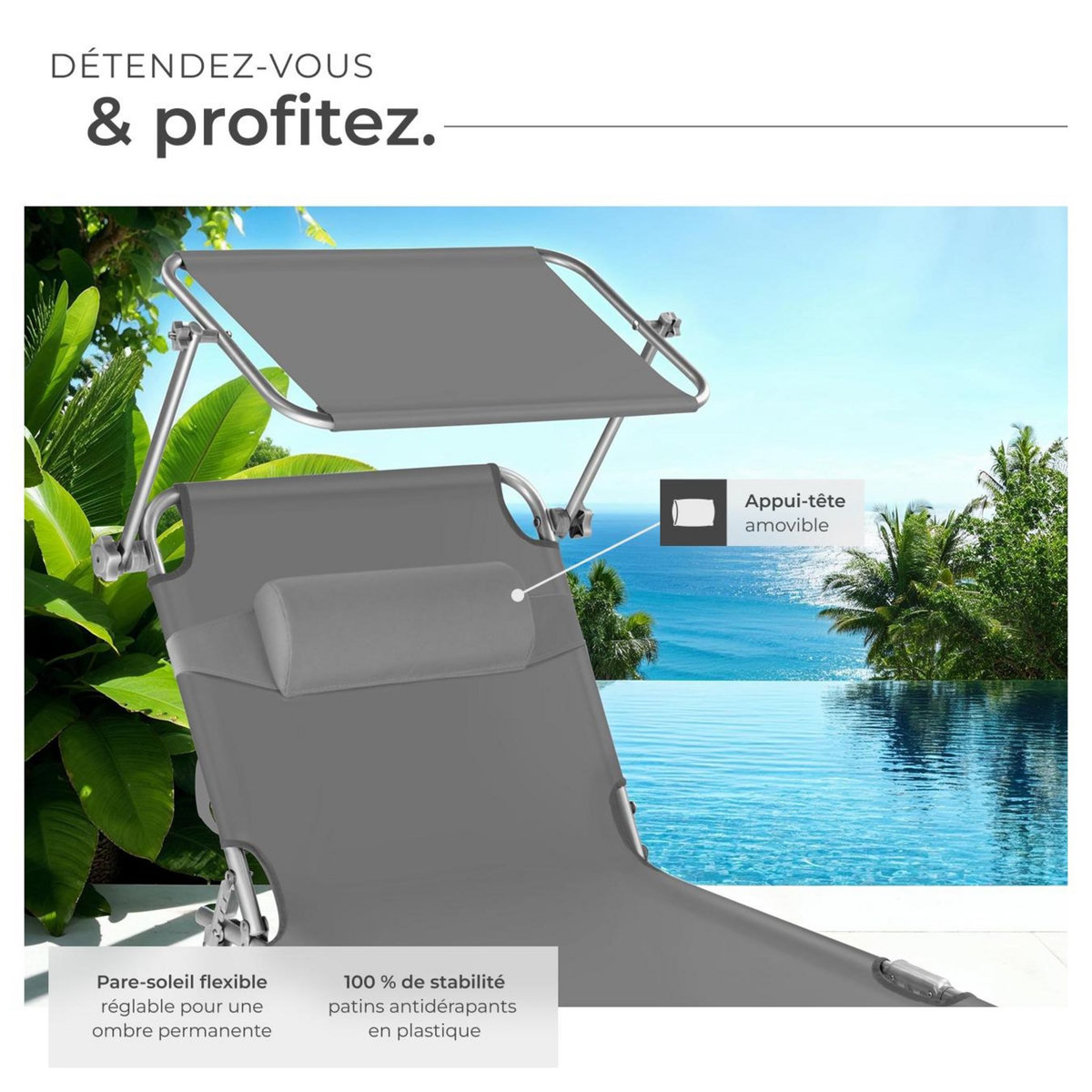 tectake Lot de 2 transats de jardin en acier pliable gris