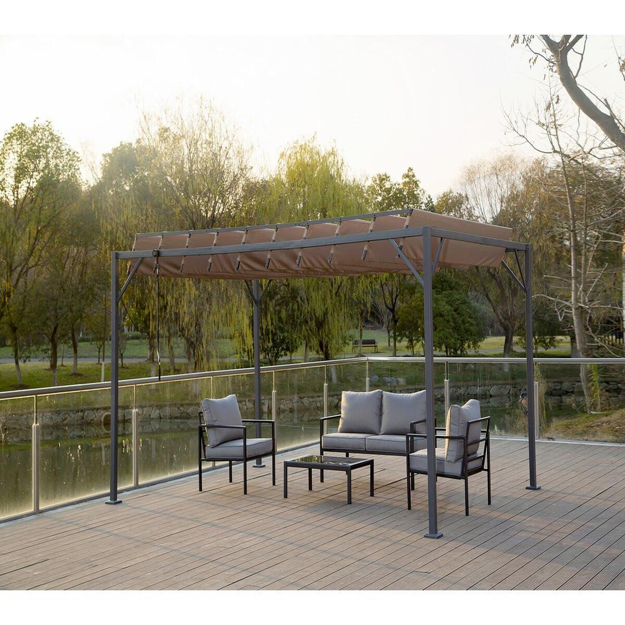 Voir la diapositive 2 : Habitat et Jardin Pergola bioclimatique en tissu  lodge  3 x 4 m - taupe