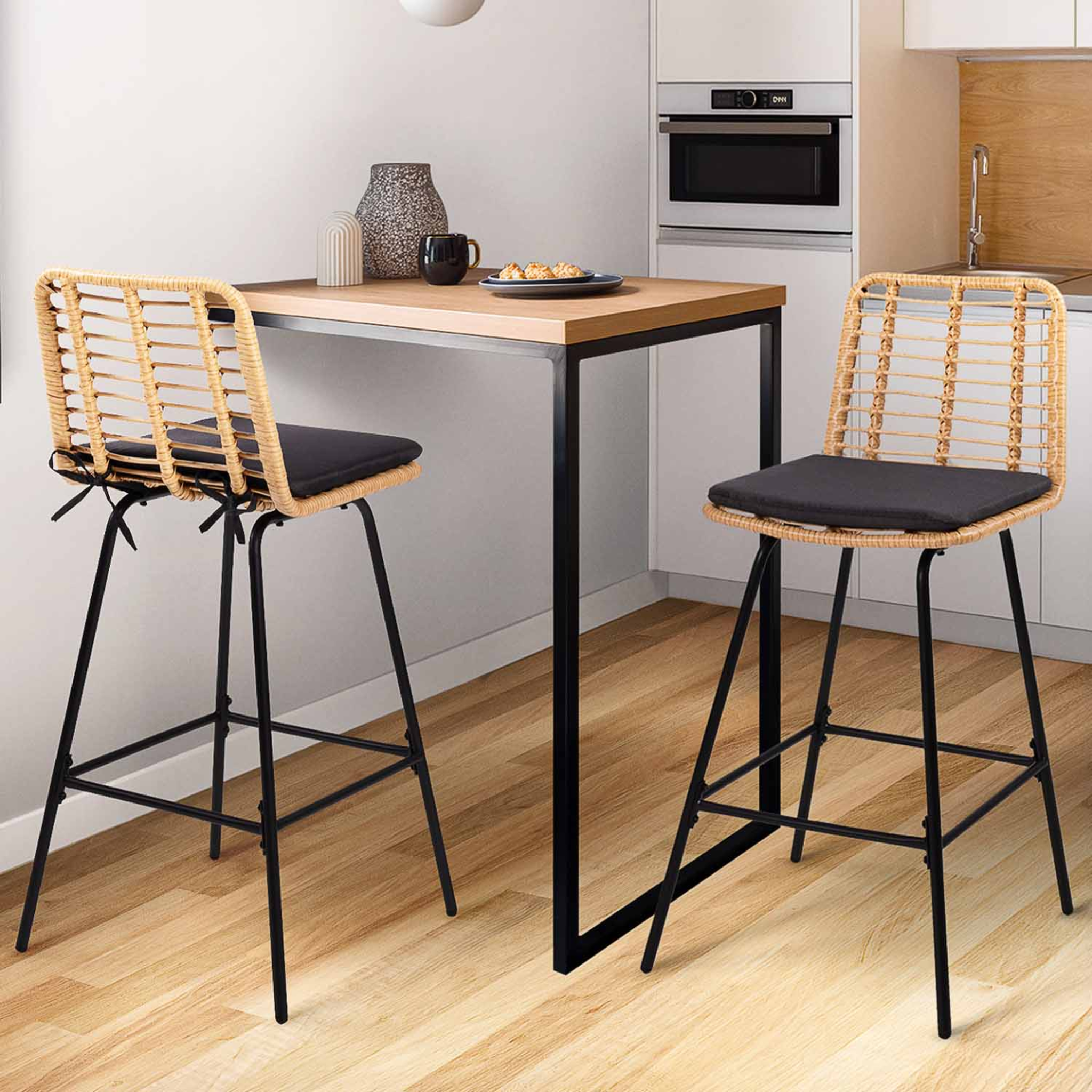 Voir la diapositive 2 : ID MARKET Lot de 2 tabourets de bar summer effet rotin pied métal noir
