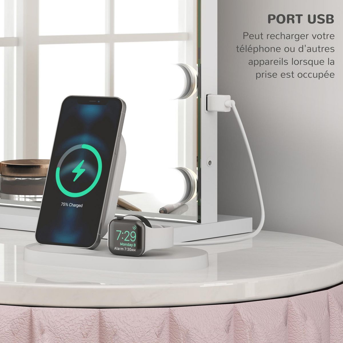 HOMCOM Miroir maquillage Hollywood lumineux LED intensité réglable grossissant charge USB support blanc